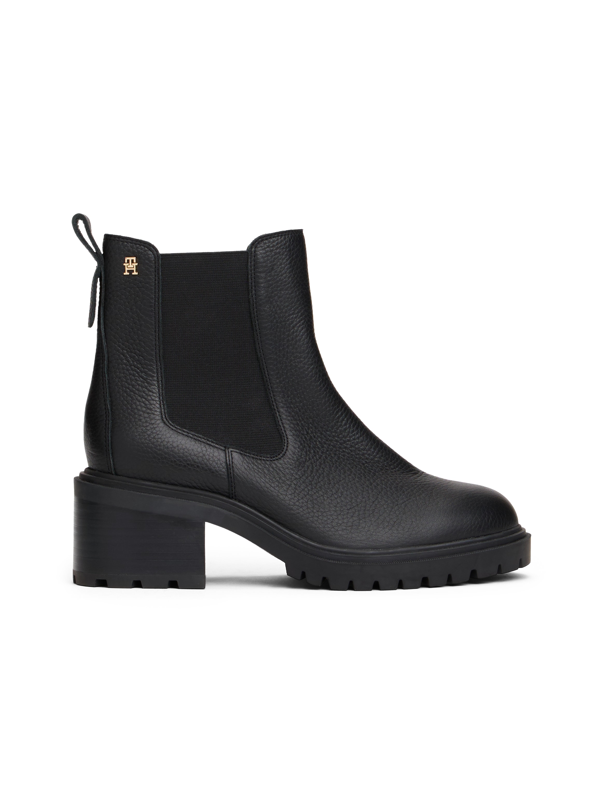 Tommy Hilfiger Chelseaboots »TH LEATHER CHELSEA CLEATED HEEL«, Blockabsatz, Stiefelette mit kleinem Logo-Emblem