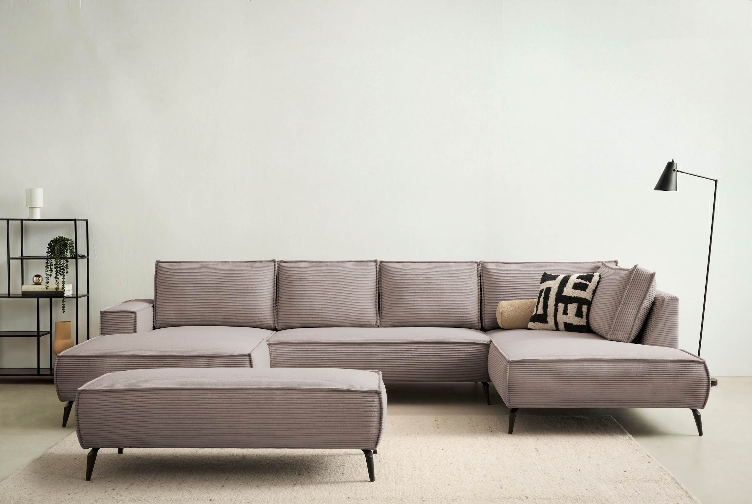 OTTO home Wohnlandschaft "TVINNU Cord, 354 cm, mit Hocker" Recamiere rechts/links, stellbar zum Schlafsofa (Krokodilverbinder)