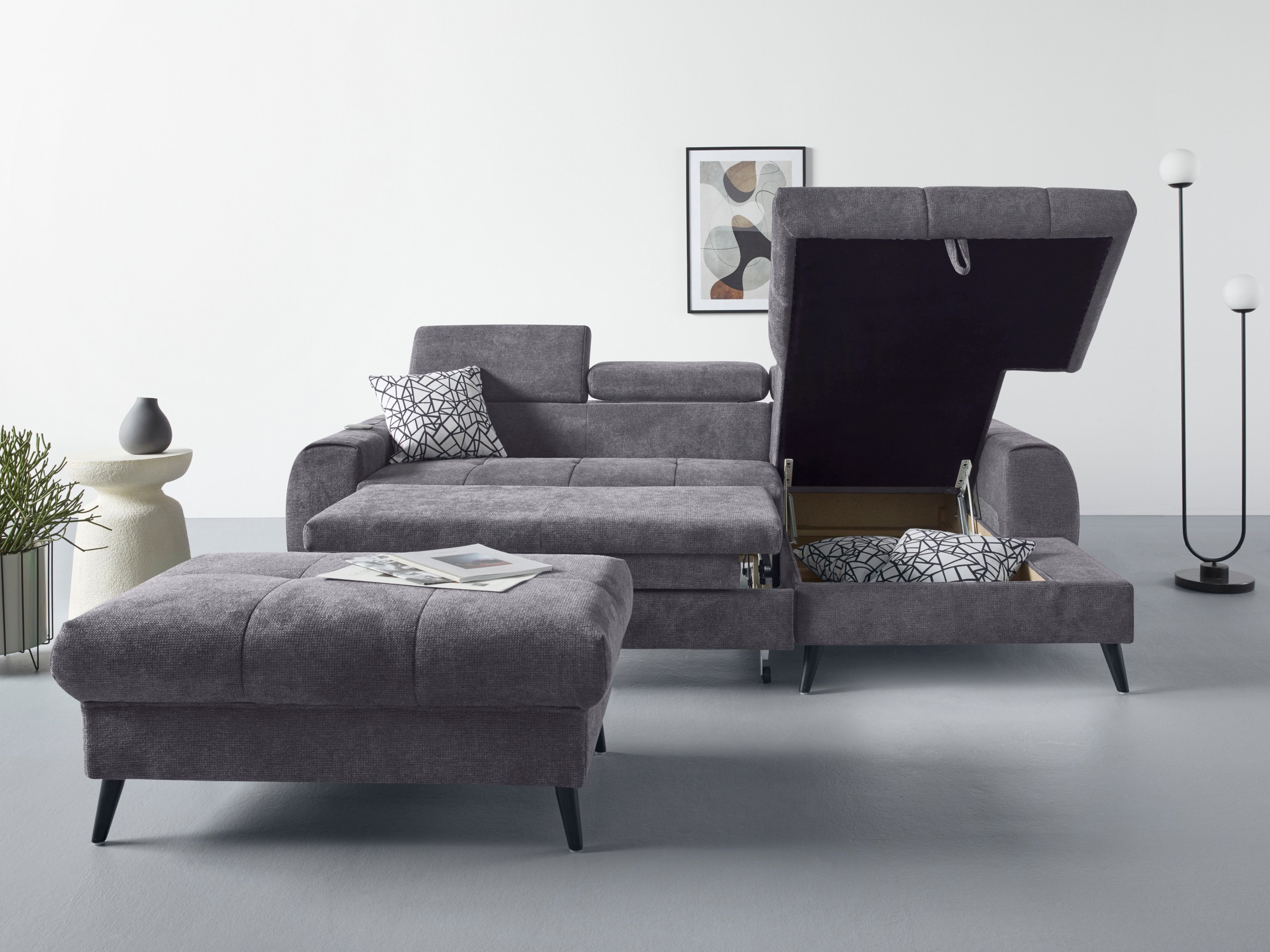 COTTA Ecksofa »Mia L-Form mit 3 Zierkissen«, wahlweise mit Bettfunktion, Bettkasten, Beleuchtung & Wireless-Charger