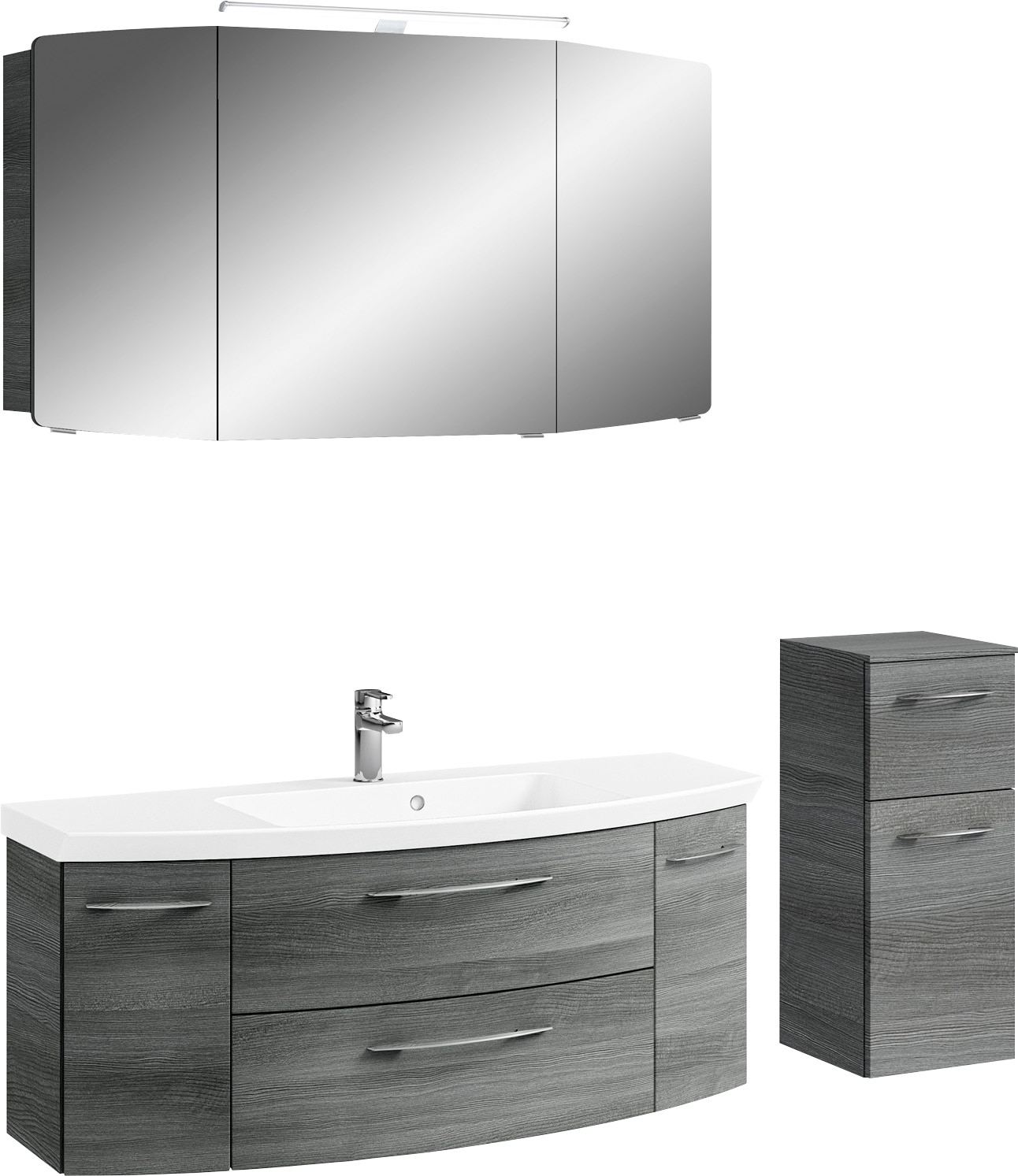 Saphir Badmöbel-Set »Cassca Sprint 3-teilig Mineralmarmor-Waschtisch mit LED-Spiegelschrank«, (4 St.), Unterschrank, inkl. Türdämpfer, 6 Türen, 3 Schubladen