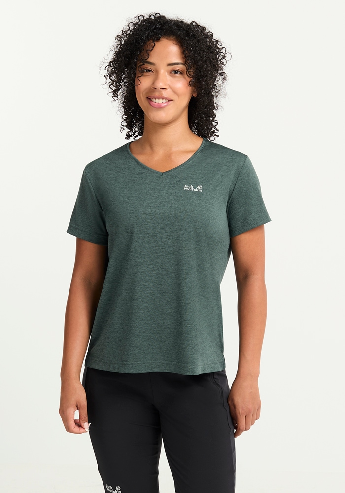 Jack Wolfskin Funktionsshirt "WILDTRAIL T W" mit V-Ausschnitt, aus Polyester, normale Länge, Kurzarm