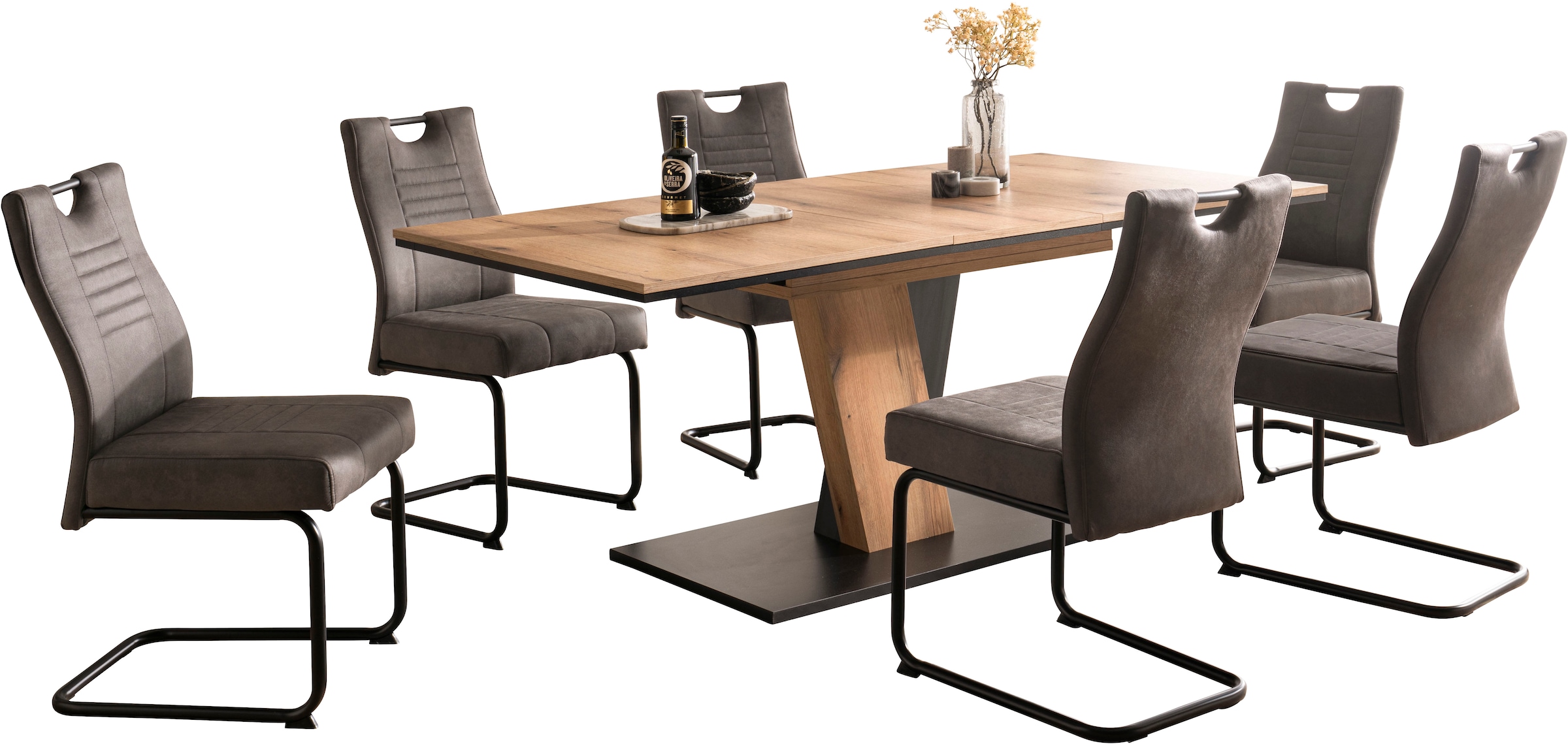 OTTO home Essgruppe »"Altona", Esstisch ausziehbar plus 6 Stühle, TOPSELLER!« Esstisch ausziehbar 140 - 180 cm, 6 Freischwinger, 7 tlg. tlg. Säulentisch 140-180x90 cm, Stuhl mit Federkorb, 140 kg belastbar