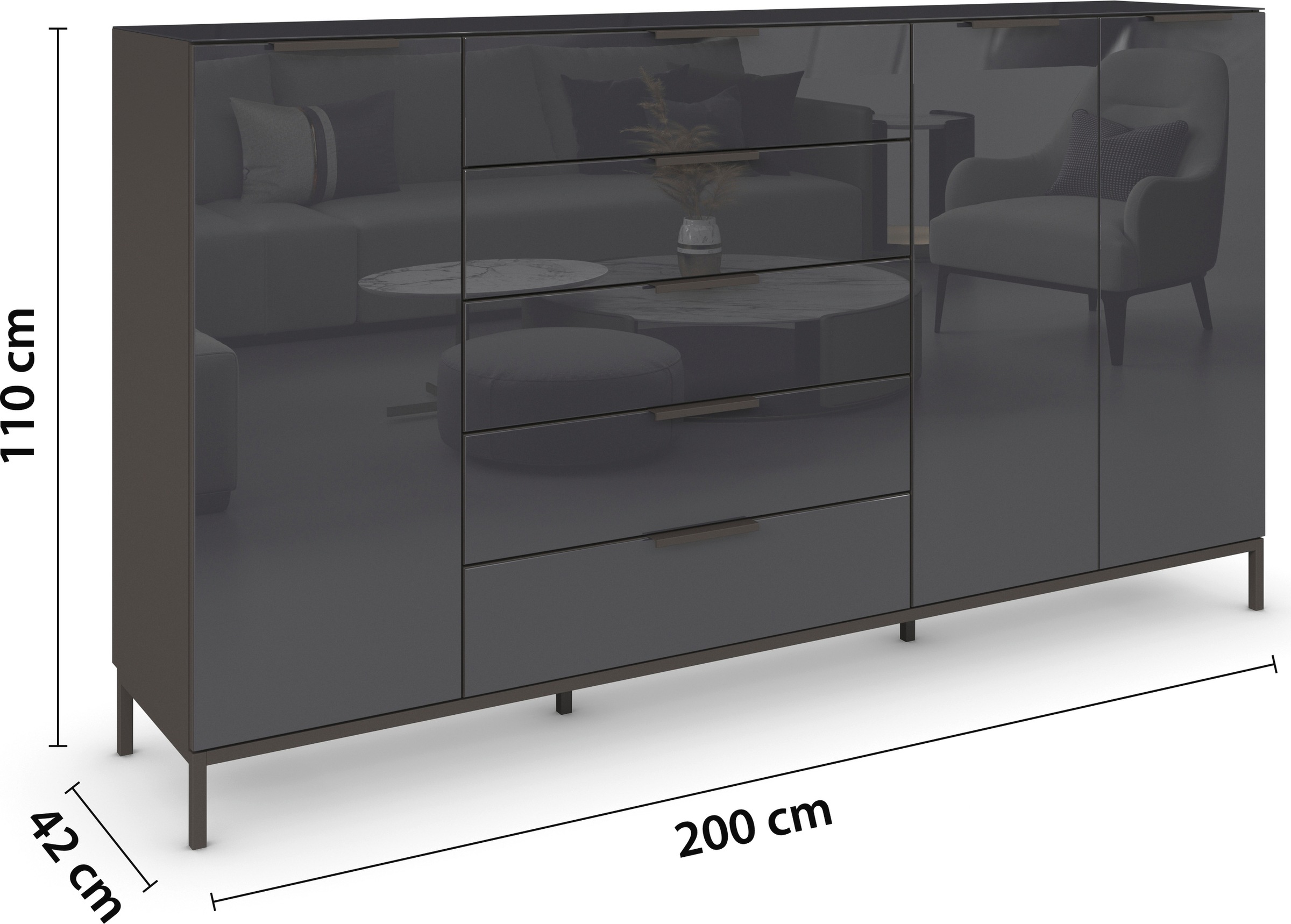 rauch Kombikommode »Kommode Türkommode Sideboard Kombikommode FLIPP mit Glasfront«, (Breite 200 cm mit 4 Einlegeböden), 3-türig, 5 Schubladen, Soft-Close-Funktion, Oberboden und Front Glas