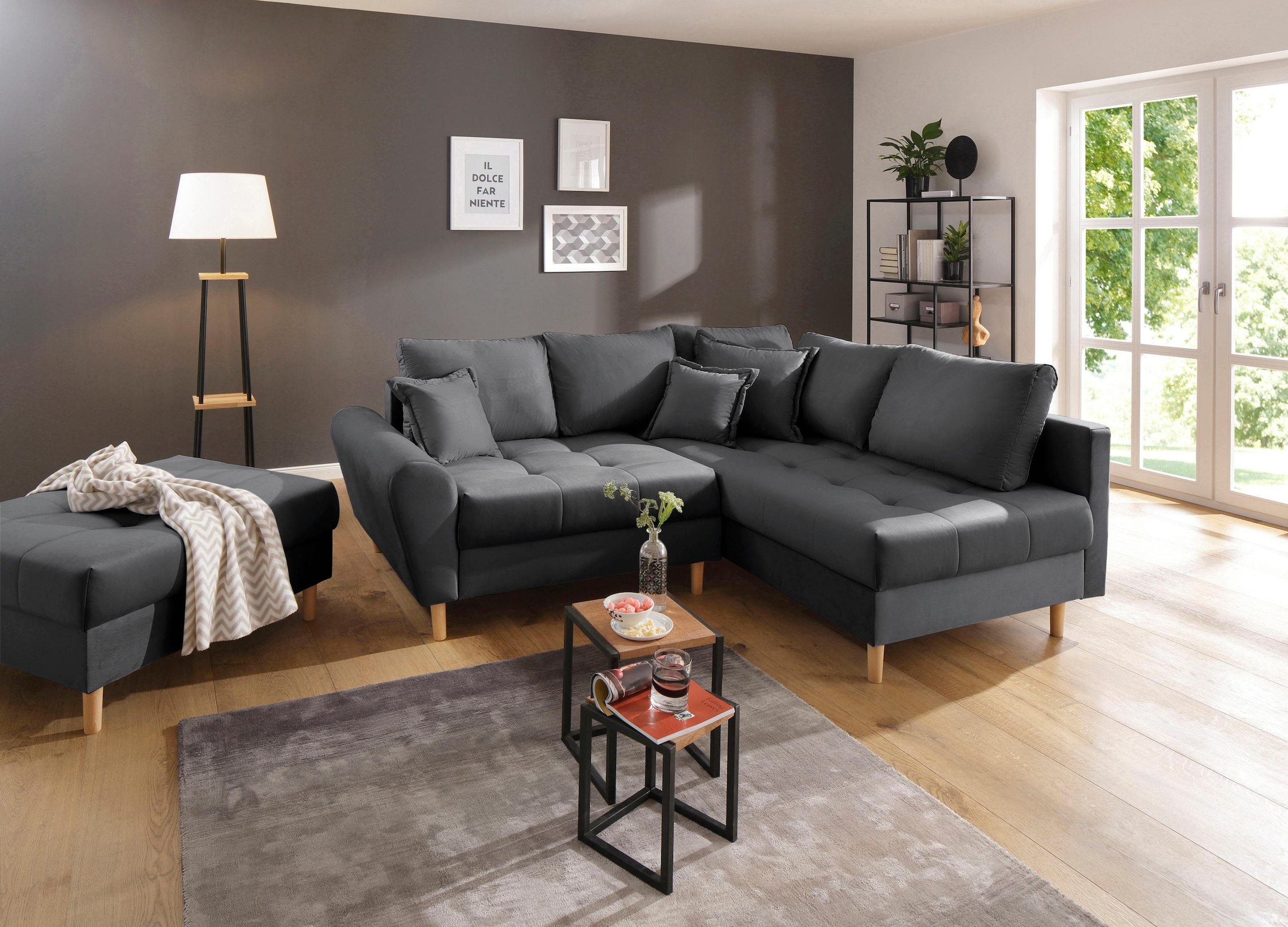 Home affaire Ecksofa "Rice L-Form, B: 223 cm - OTTO. Verlässliche Qualität." Set: Sofa & Hocker, 3 Zierkissen, Federkern