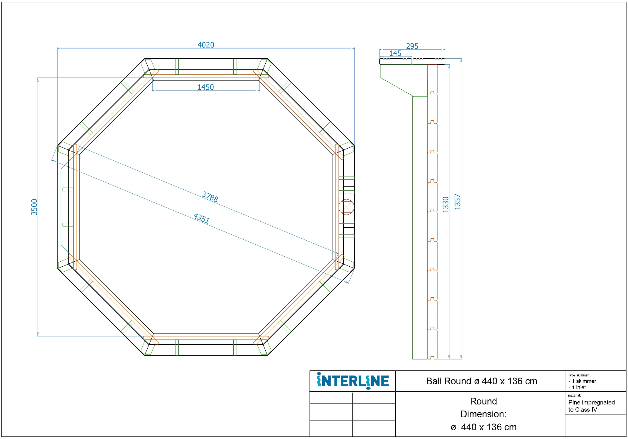 Interline Achteckpool »Java«, (Komplett-Set, inkl. Wärmepumpe, Skimmer und Holzleiter), ØxH: 440x136 cm