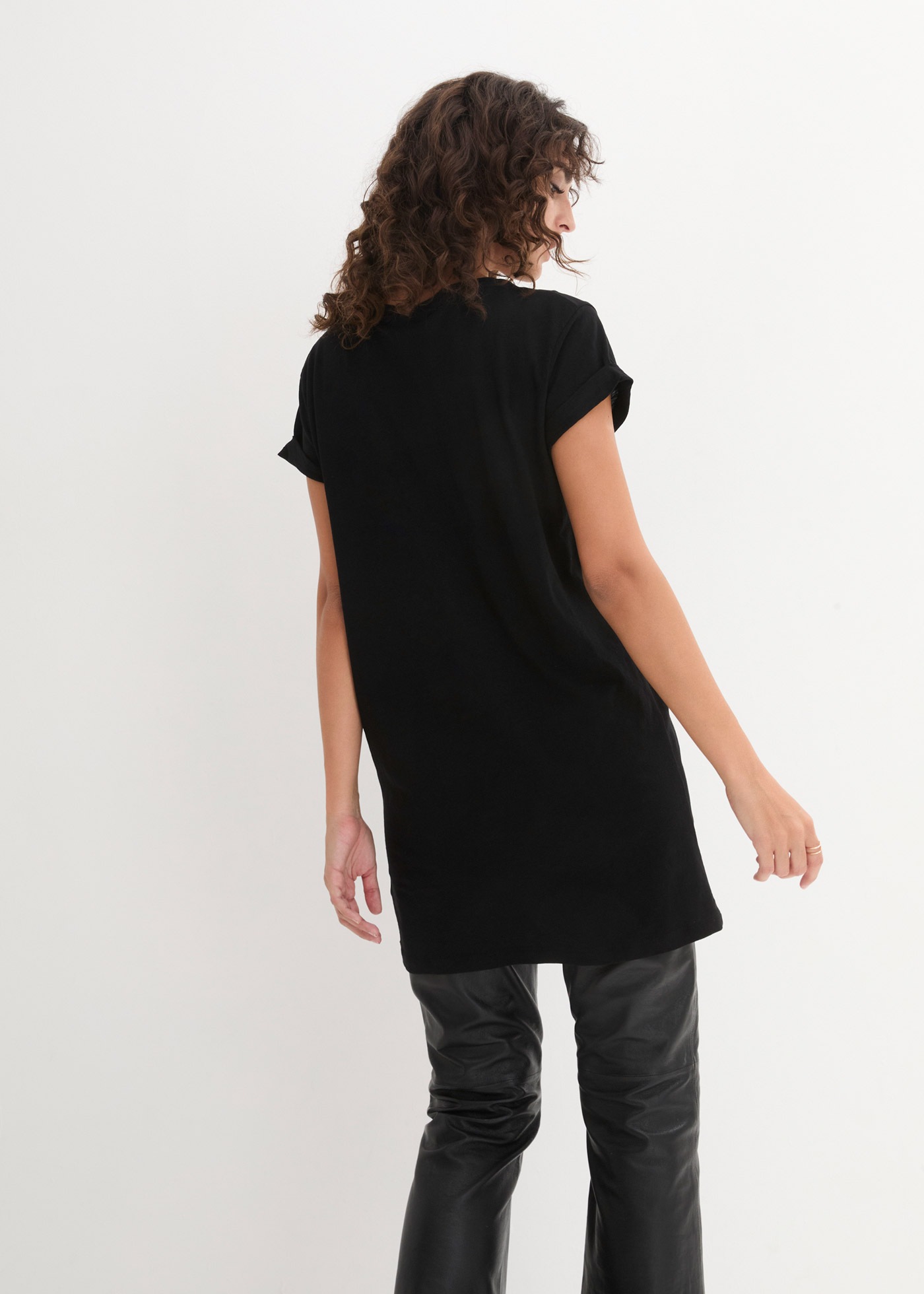 Longshirt BONPRIX, Damen, Gr. 44/46 (L), schwarz, Jersey, Obermaterial: 100% Baumwolle, unifarben, bequem ca. Mitte Oberschenkel, Rundhals, mit Umschlag Umschlagsaum, Shirts Longshirt, bequeme Passform, lang, aus reiner Baumwolle 3