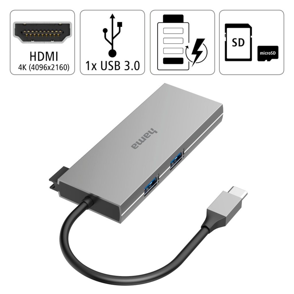 Hama USB-Adapter »USB-C Multiport Hub Laptop mit 6 Ports, USB-A, USB-C, HDMI, SD microSD«, USB-C zu USB Typ A-USB Typ C-HDMI-SD-Card, 15 cm, Laptop Dockingstation, kompakt, robustes Gehäuse, silberfarben