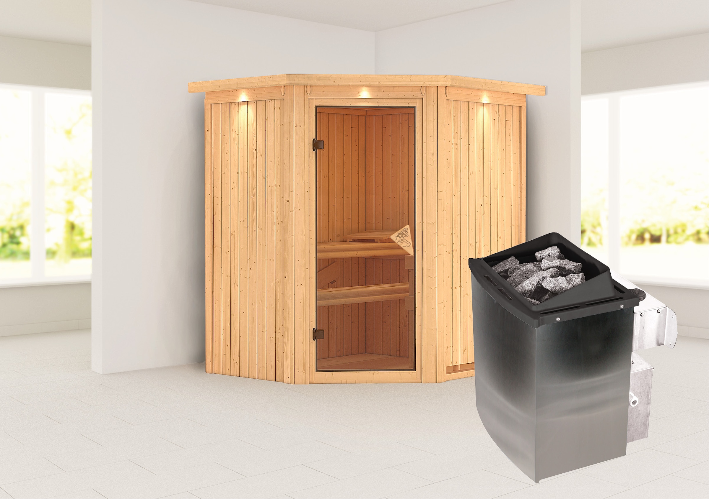 Karibu Sauna ""Liyah" mit bronzierter Tür und Kranz naturbelassen" Set, in verschiedenen Ausführungen erhältlich