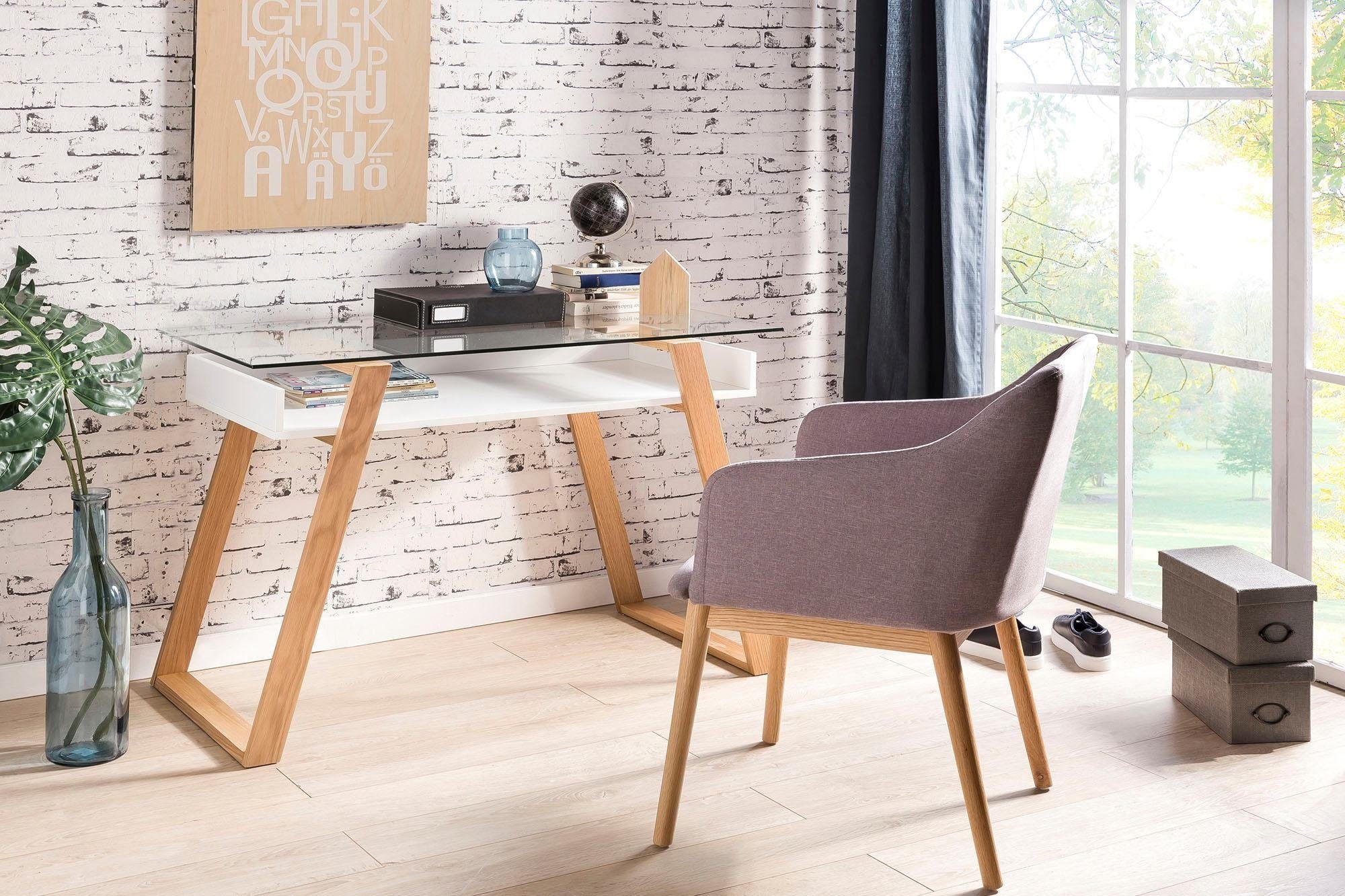 Schreibtisch SALESFEVER "Falun - Arbeitsplatz Deluxe: Der Laptop-Tisch", beige (natur, weiß, natur, transparent), B:110cm H:75cm T:55cm, Tische, Schreibtisch, Eleganz trifft Funktion: Mit Glasplatte 2