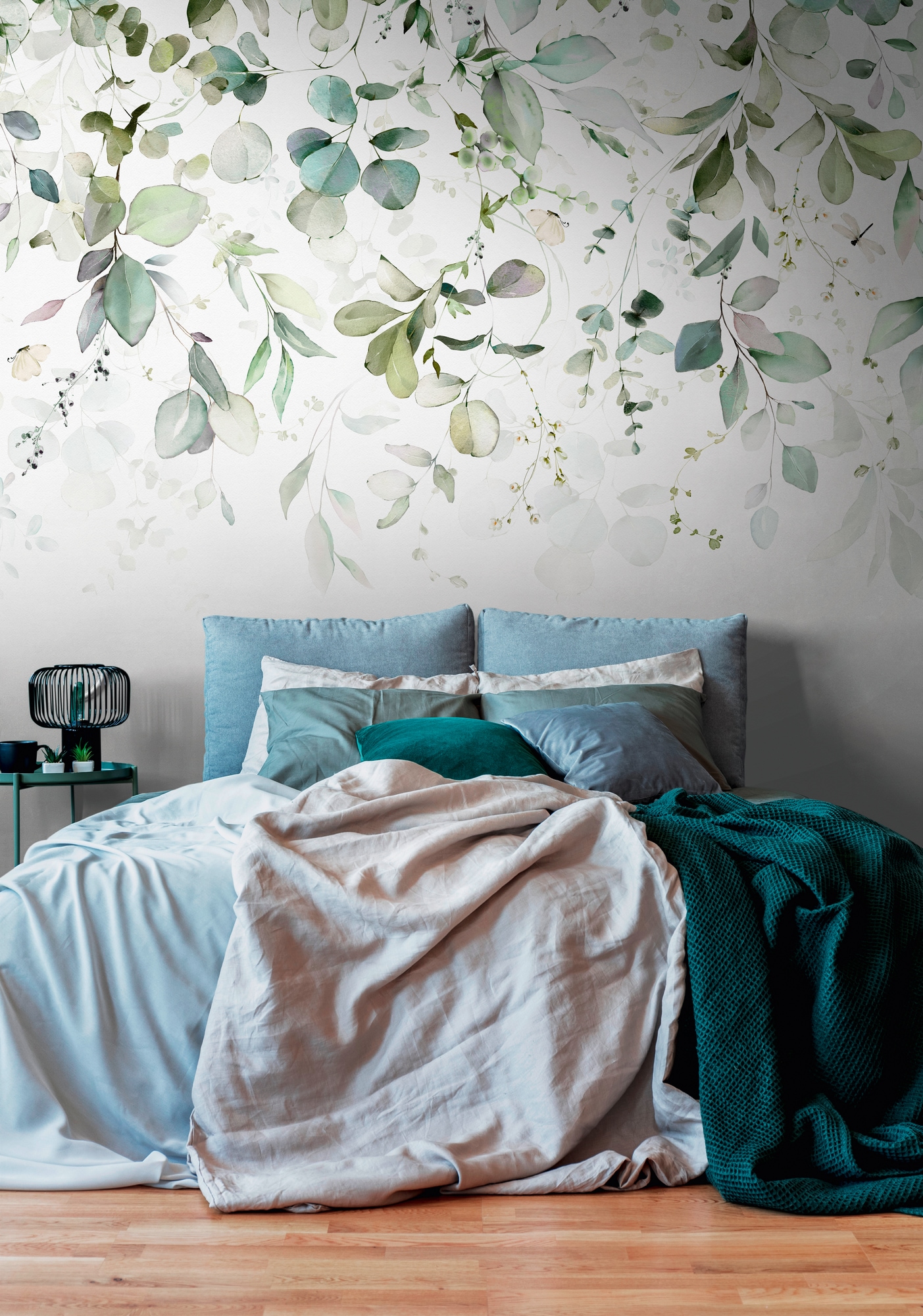 living walls Fototapete "THE WALL III Blätter-Tapete Motivtapete Blätterranke Blattmotiv" matt glatt Vliestapete Eukalyptus für Schlafzimmer Küche Wohnzimmer Blätter Flur