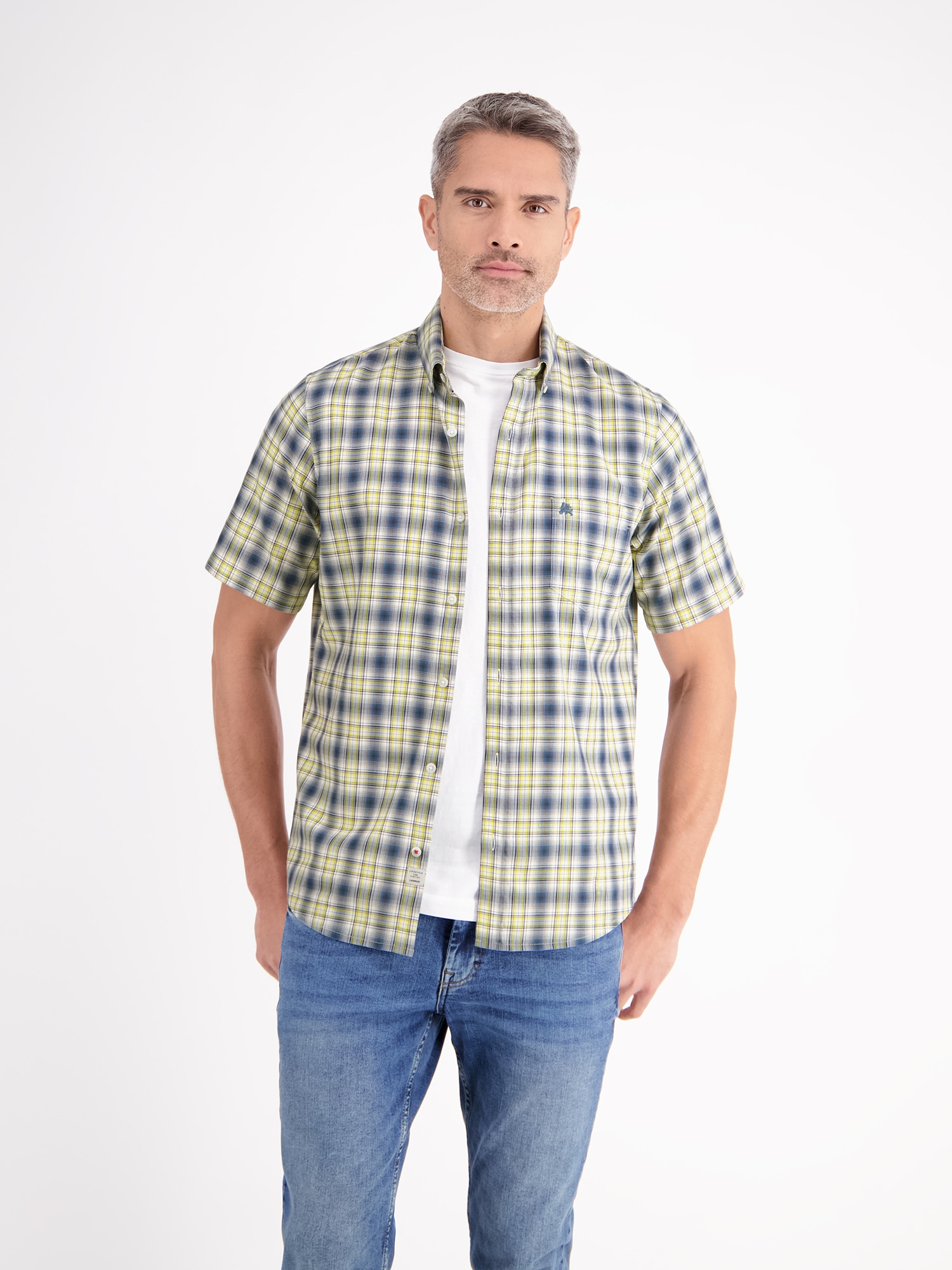 Kurzarmhemd LERROS "Kariertes Halbarmhemd für Herren", Herren, Gr. S, Normalgrößen, blau (crispy blau), 100% Baumwolle, Hemden