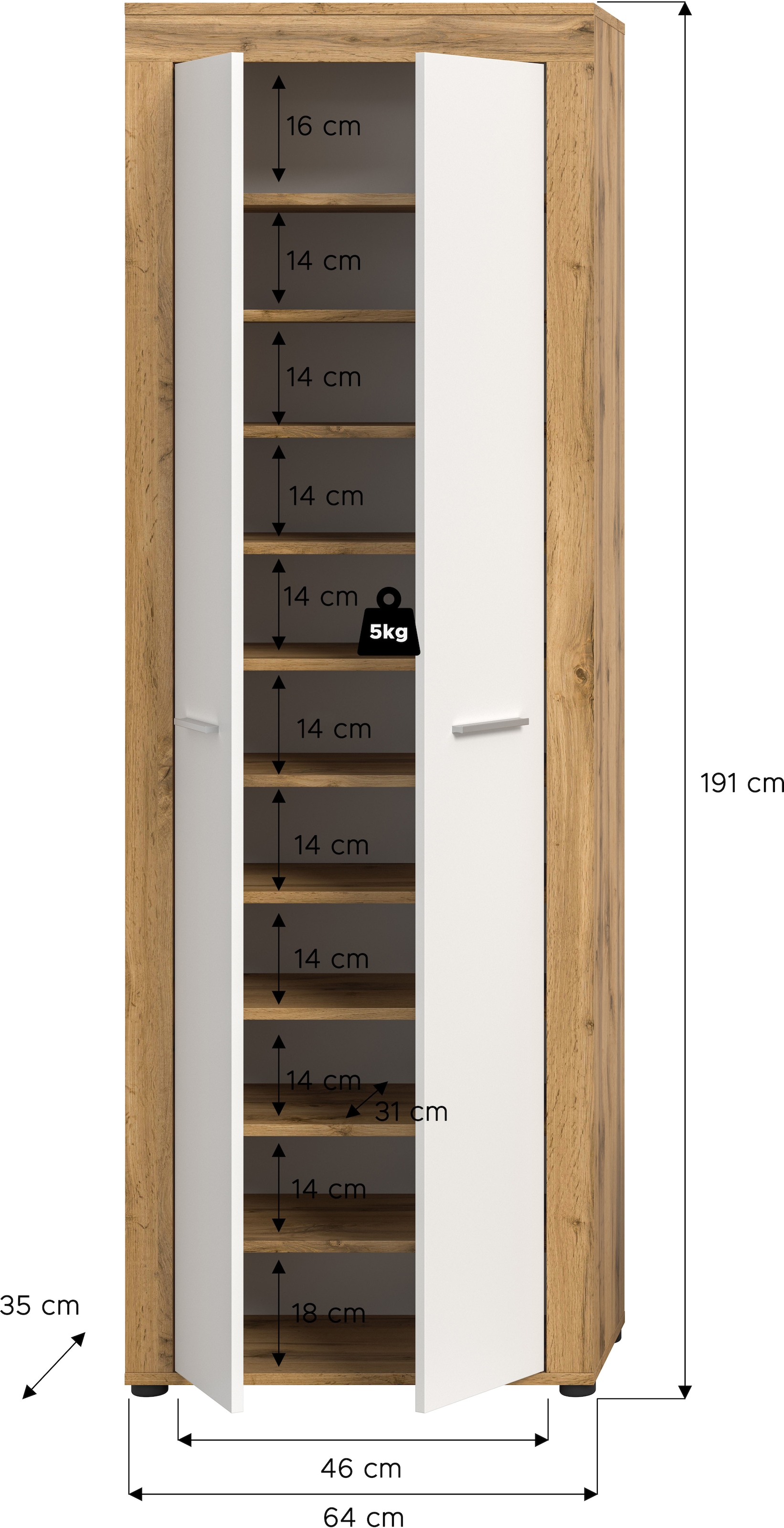 INOSIGN Schuhschrank »Aosta«, (1 St.), Schuhschrank, Höhe 191 cm, 11 Fächer, Garderobenschrank, Flur, Diele