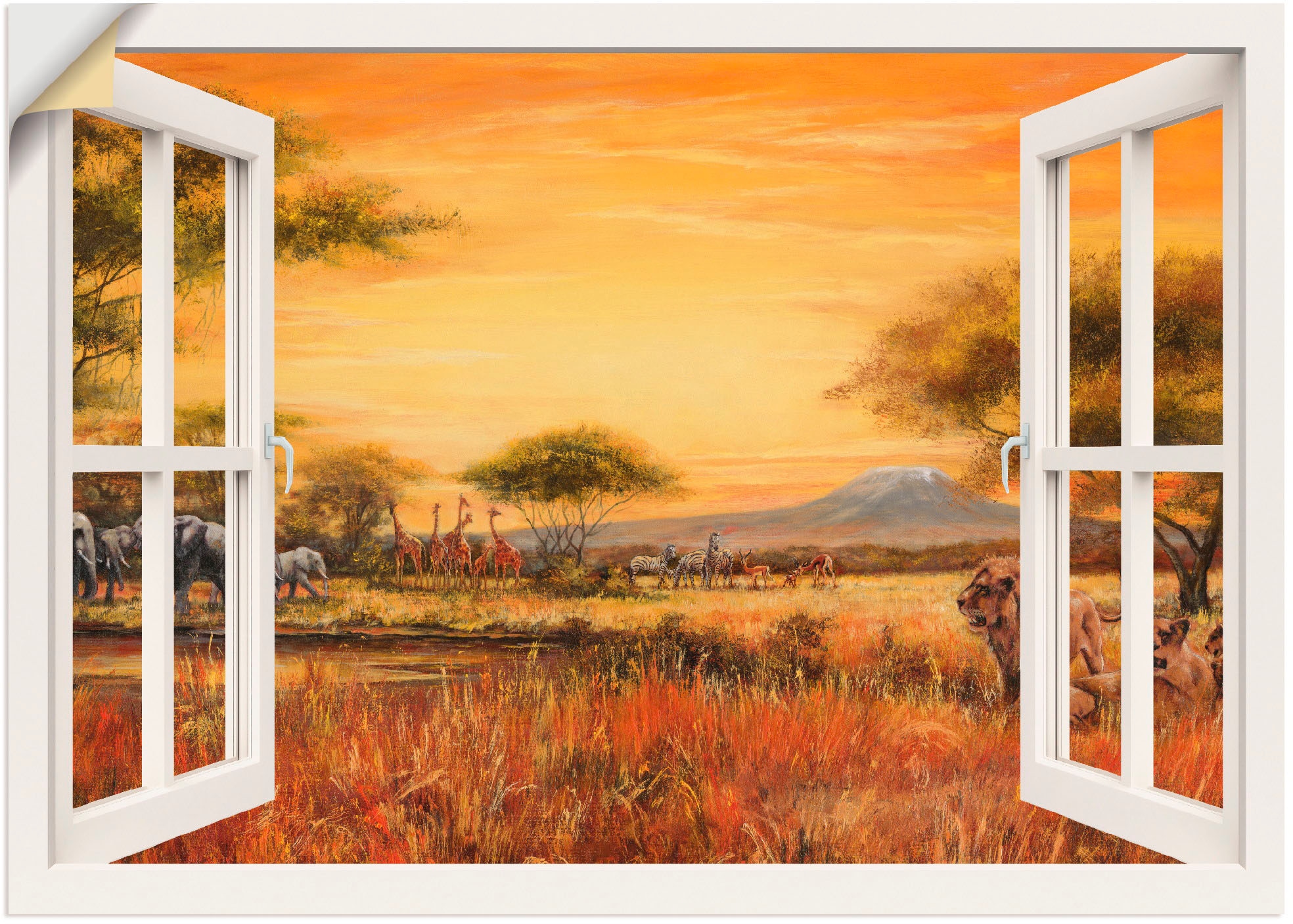 Artland Wandbild »Fensterblick Afrikanische Steppe Löwen«, Fensterblick, (1  St.), als Leinwandbild, Wandaufkleber oder Poster in versch. Größen kaufen  | BAUR | Poster