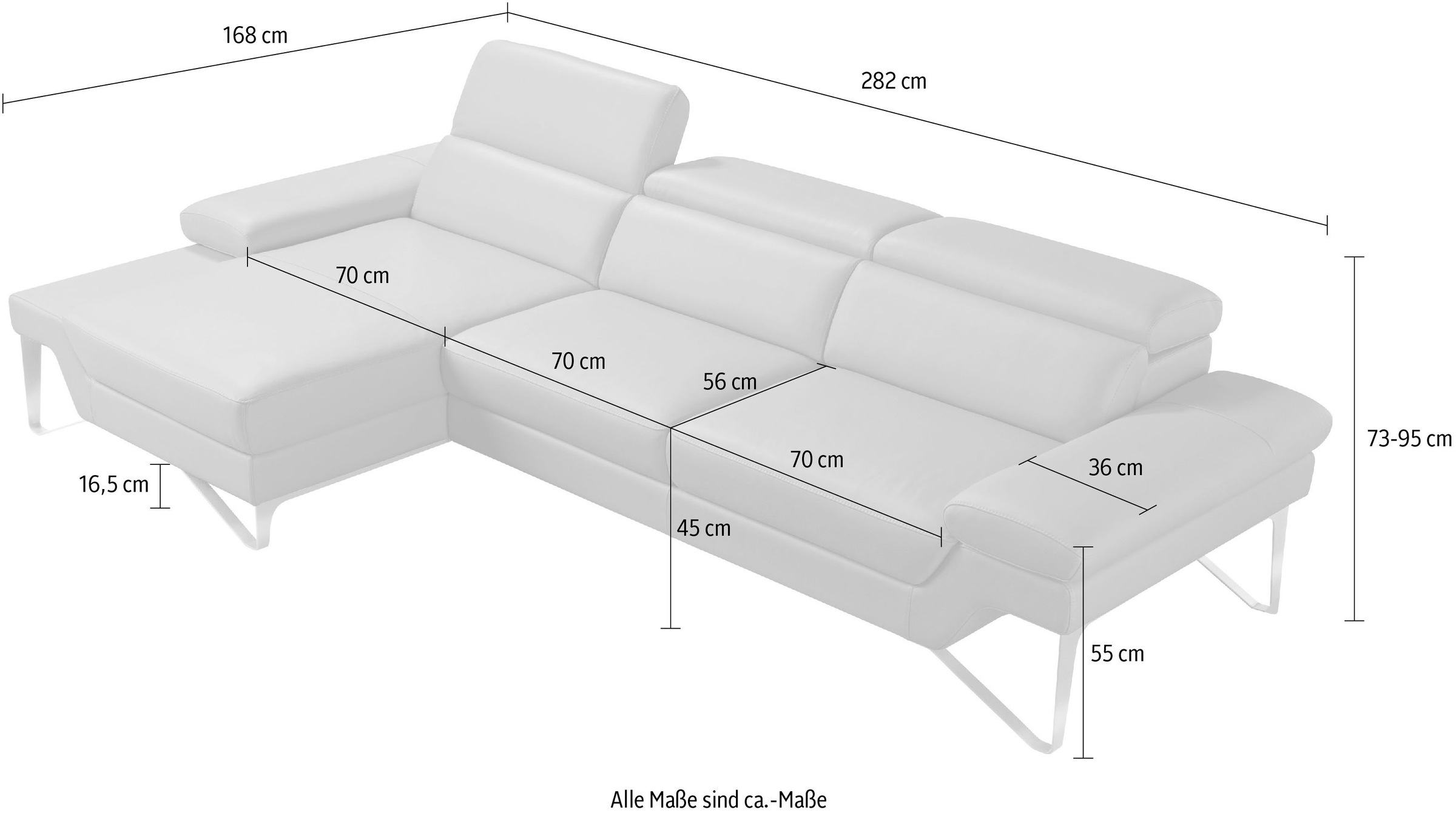 Egoitaliano Ecksofa »Princess, elegantes Designsofa mit erstklassigem Sitzkomfort, L-Form«, mit Recamiere, inkl. Kopfteilverstellung, edle Designmetallfüße