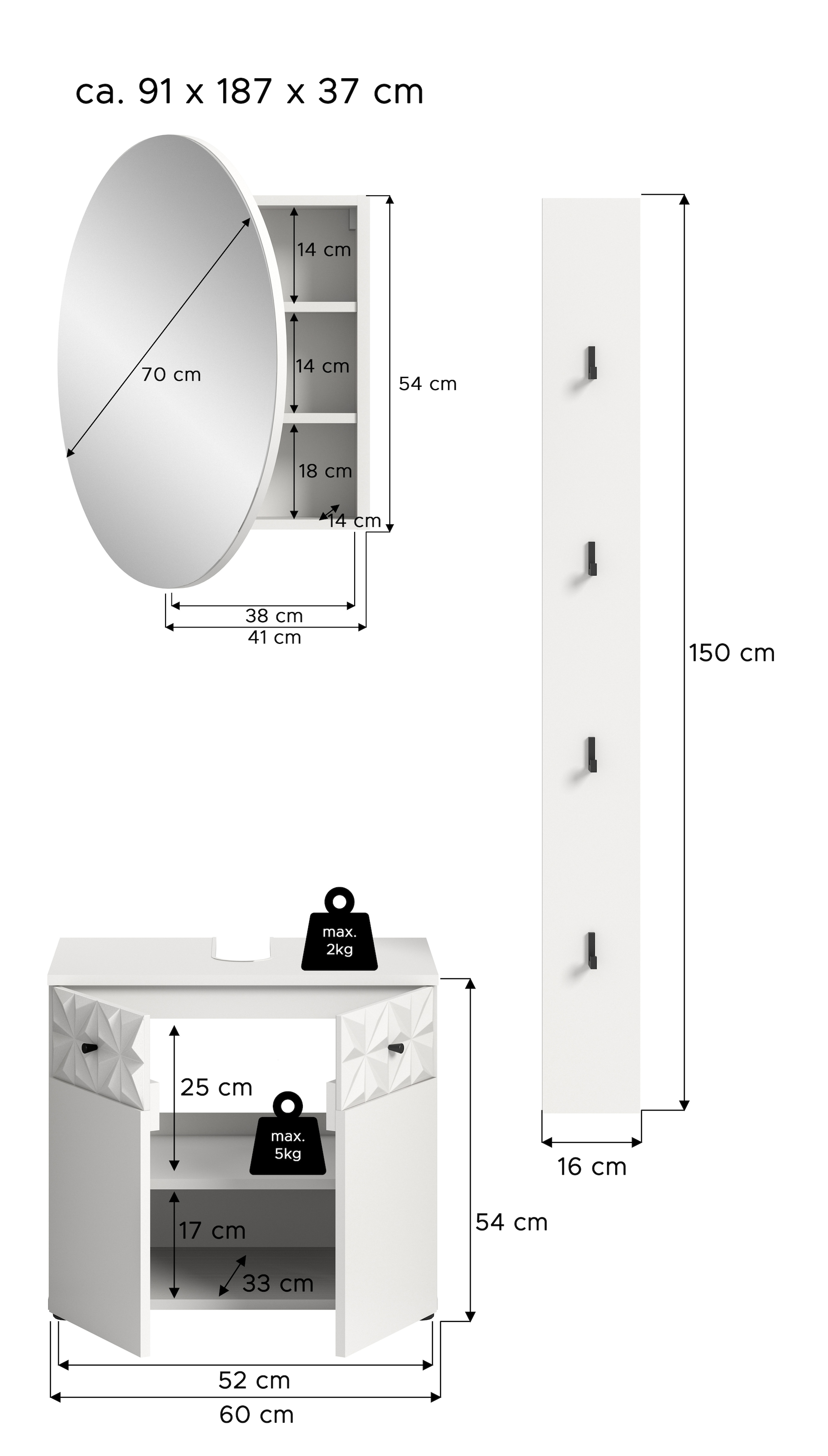 INOSIGN Badezimmer-Set »VICENZA, TOPSELLER!, Breite 91cm, 3-teilig, mit Ornamentabsetzung«, (best. aus: Waschbeckenunterschrank, Spiegelschrank und Hakenleiste), Waschbeckenunterschrank, Spiegelschrank und Hakenleiste