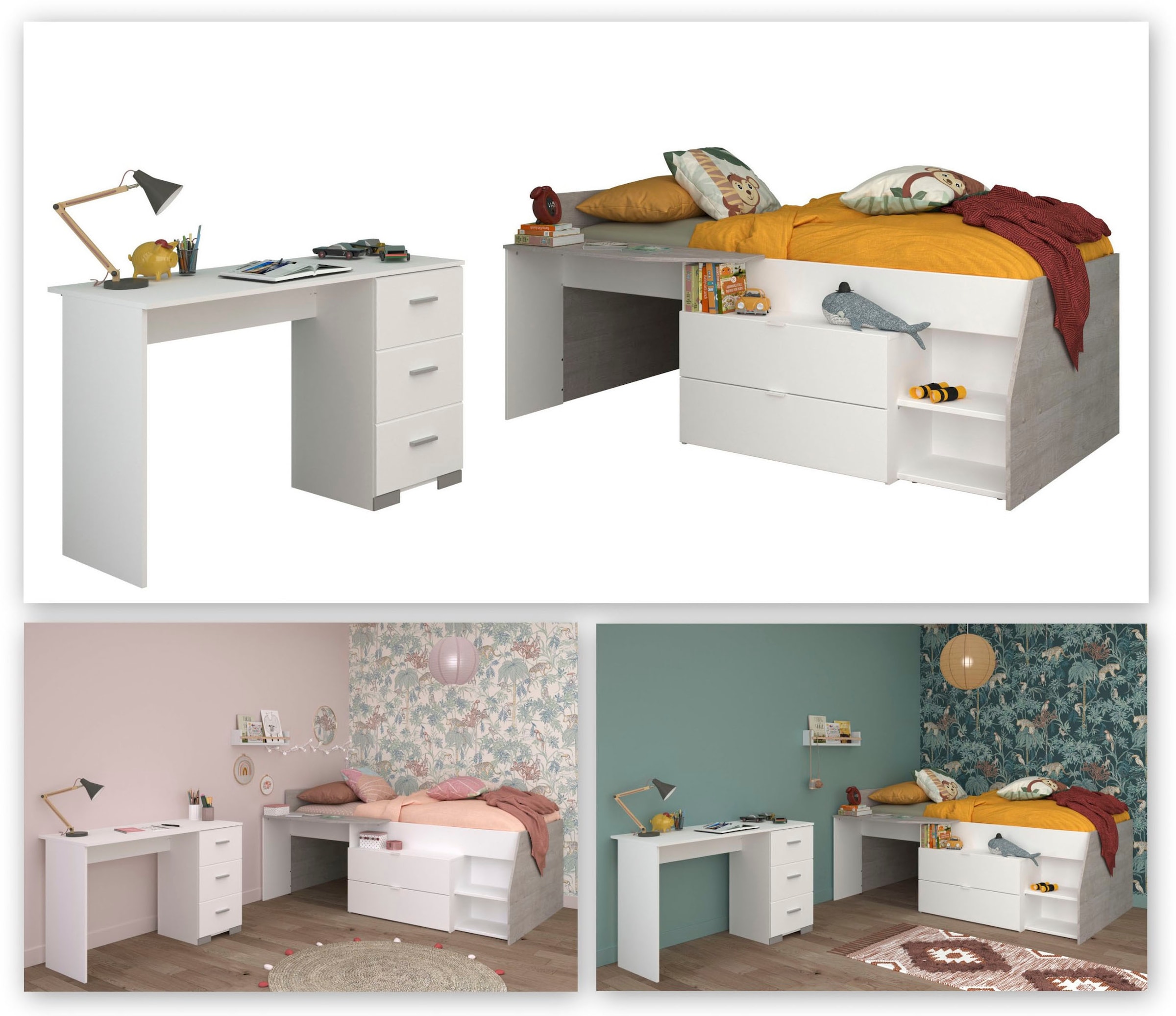Parisot Jugendzimmer-Set »Parisot Milky 17«, (2 tlg.), halbhohes Hochbett