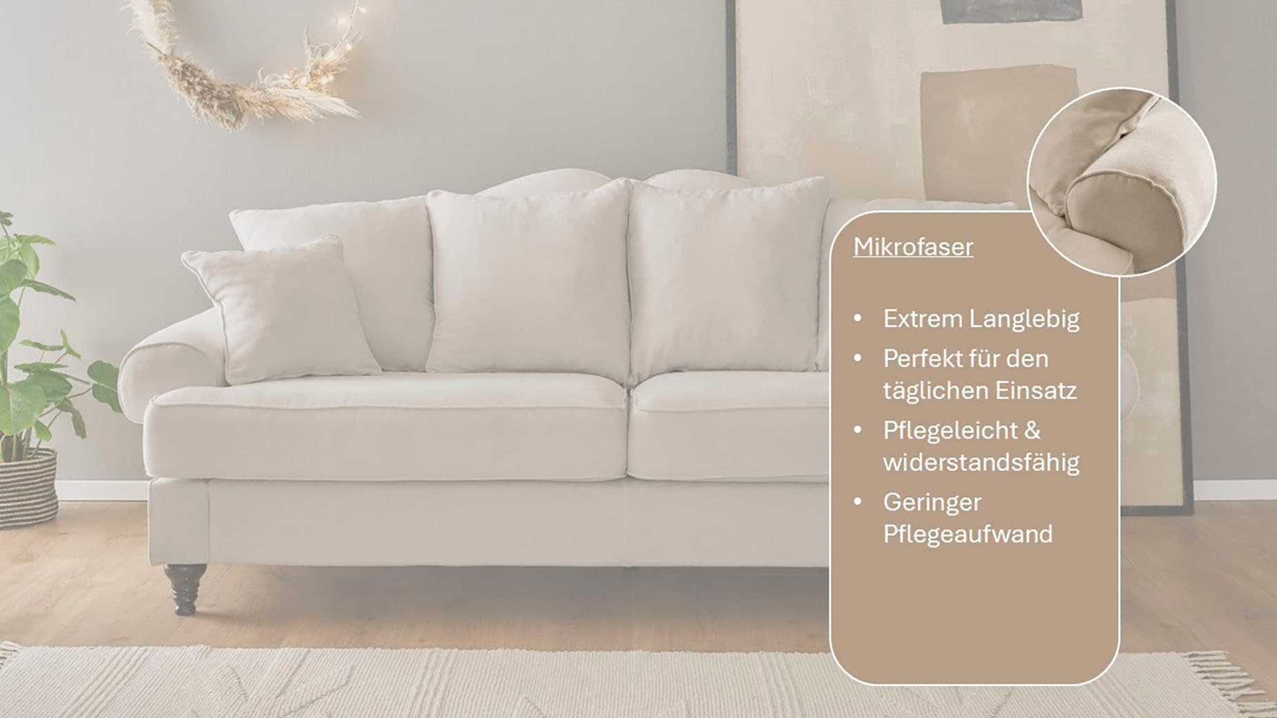 OTTO home 3,5-Sitzer »Westminster, Sofa im Landhausstil, Couch mit Zierkissen« Federkern-Polsterung, gedrechselter Fuß, hochwertiger Microfaserbezug