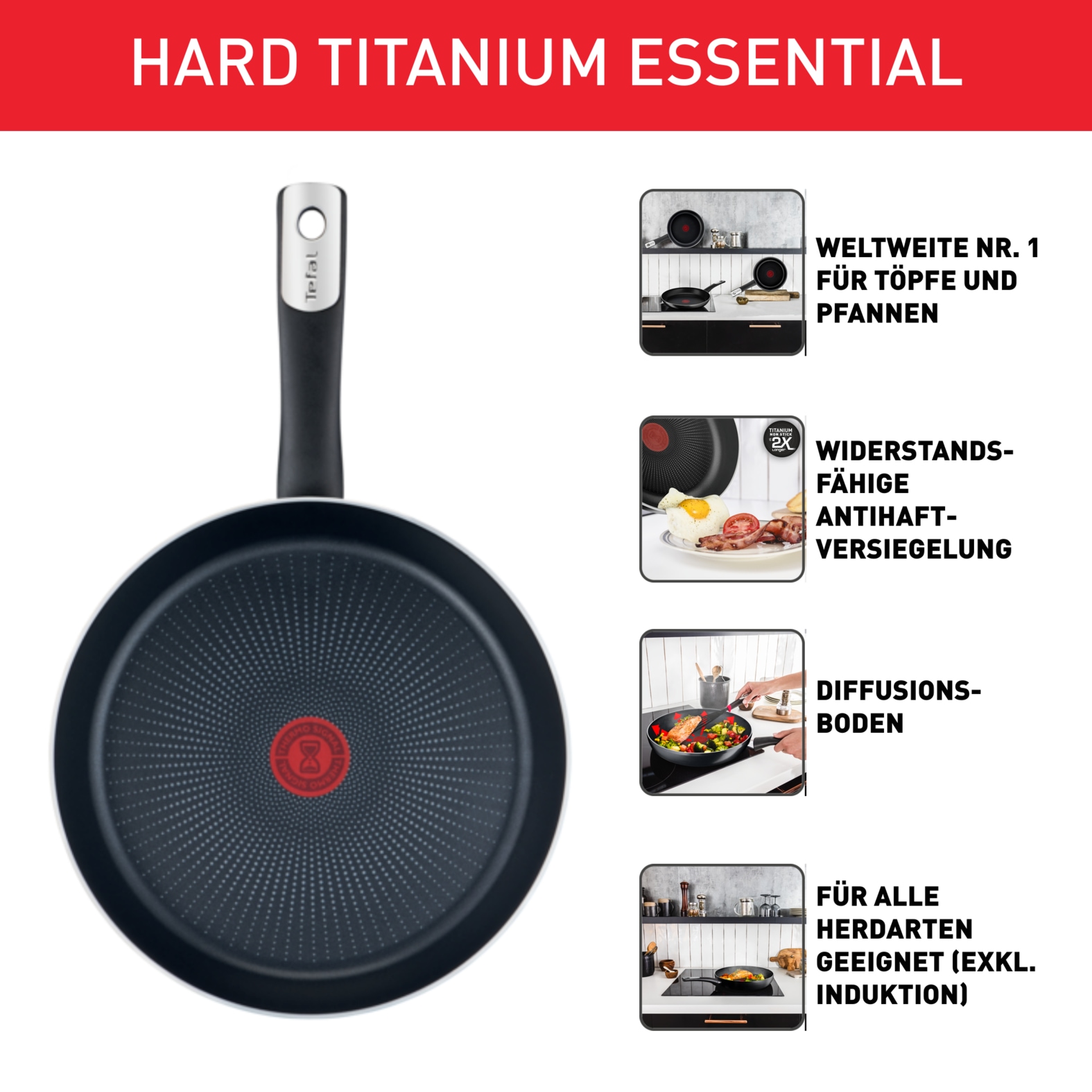 Tefal Bratpfanne »Hard Titanium Essential, Titanium Antihaftversiegelung« Aluminium 1 Stk. tlg. kompatibel mit Gas-/Elektro-/Keramikherden, nicht induktionsgeeignet