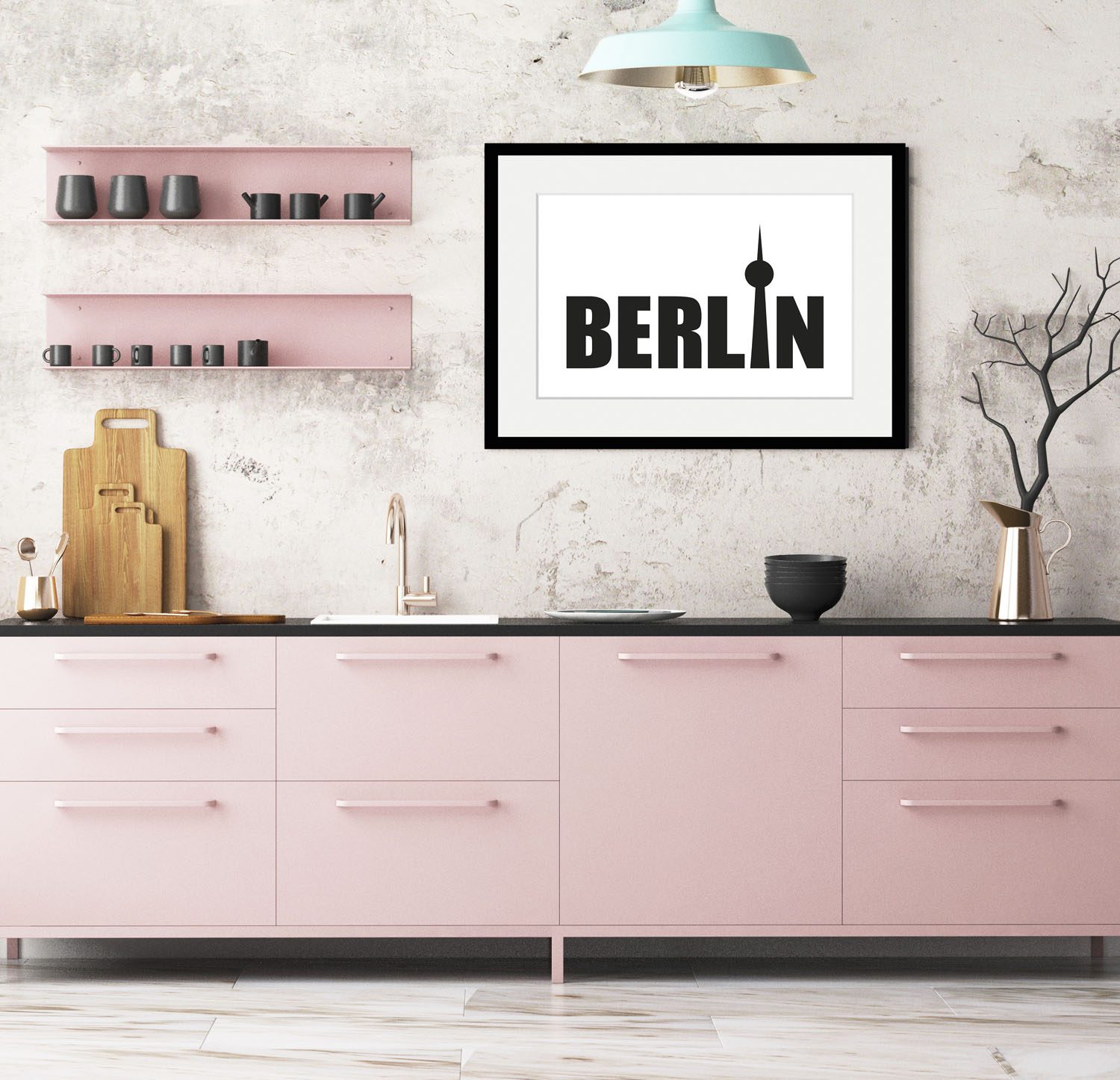 queence Bild "Berlin Tower" Berlin Deutschland Schriftzug Schwarz-Weiß Stadt Städte 1 Stk. tlg. HD Premium Poster-Druck inkl. Holzrahmen