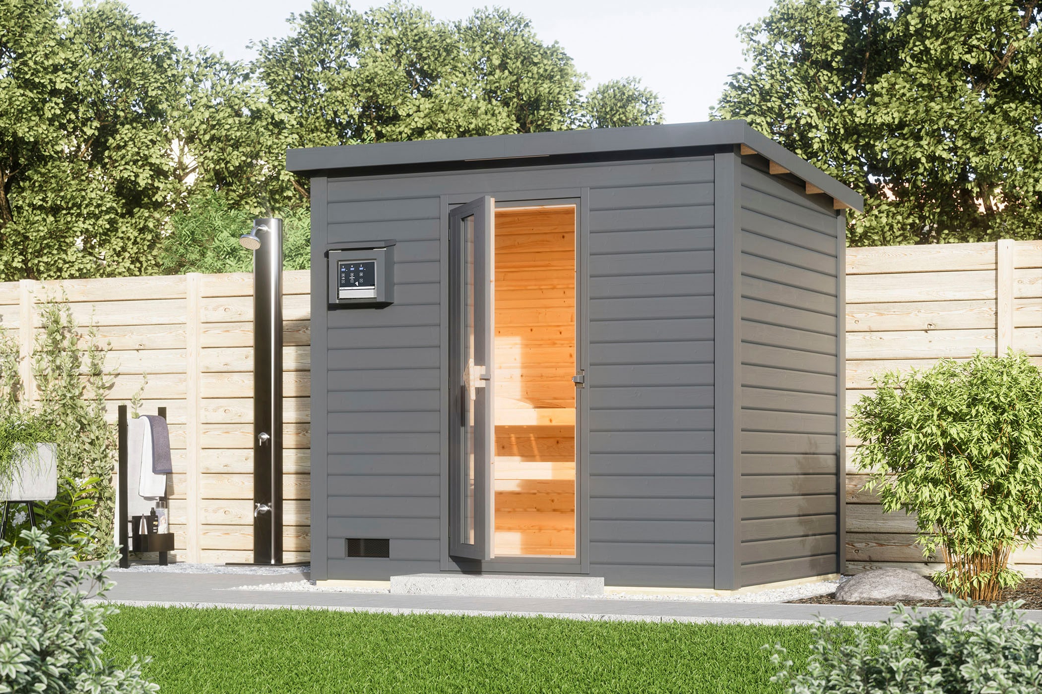 KARIBU Saunahaus "Talo 3", Saunaofen, externe Steuerung, (ohne Ofen), grau, Garten, Saunen, Ofen 9 KW externe Strg easy