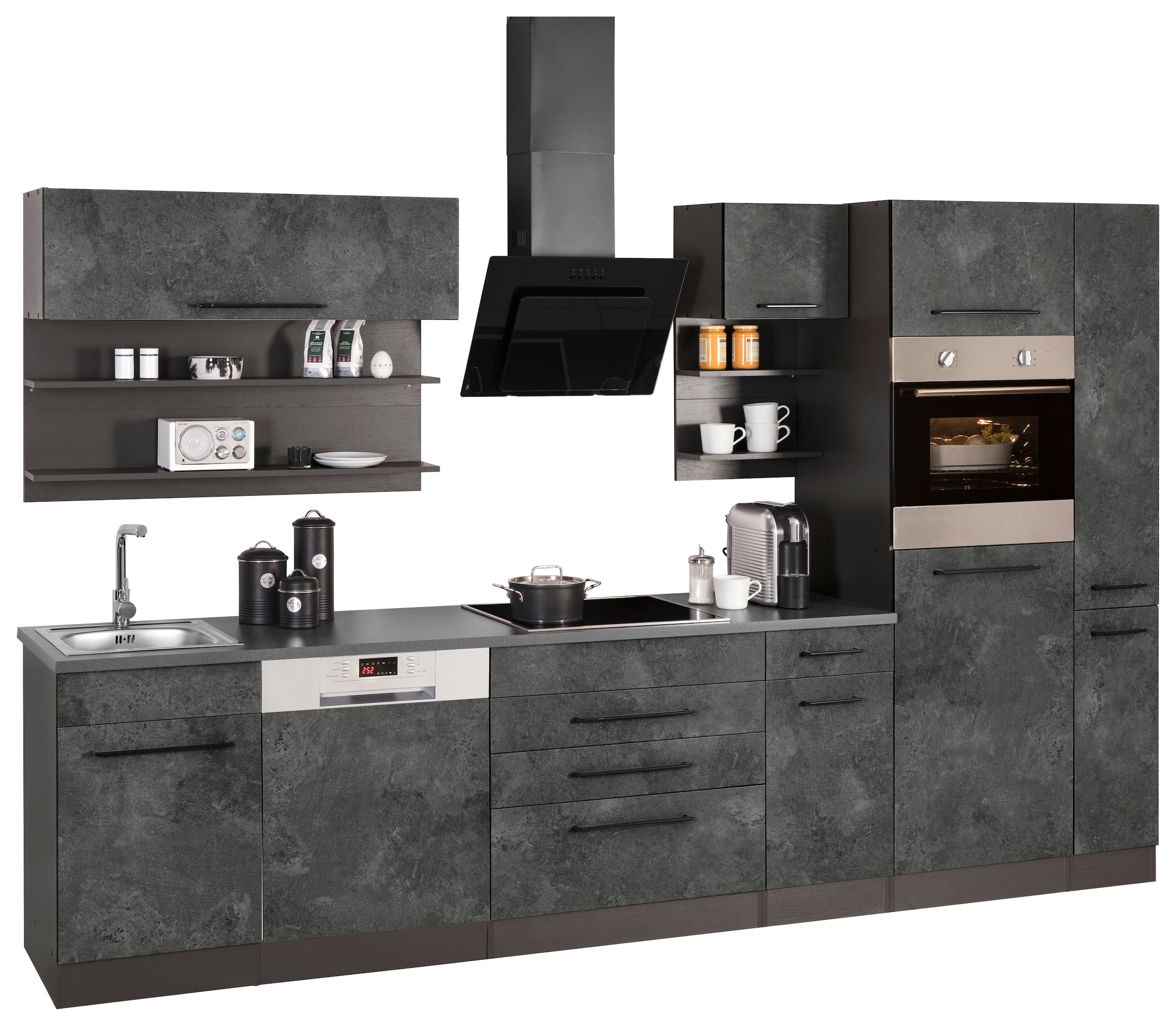 KOCHSTATION Küchenzeile »KS-Tulsa«, mit E-Geräten, Breite 320 cm, schwarze Metallgriffe, MDF Fronten