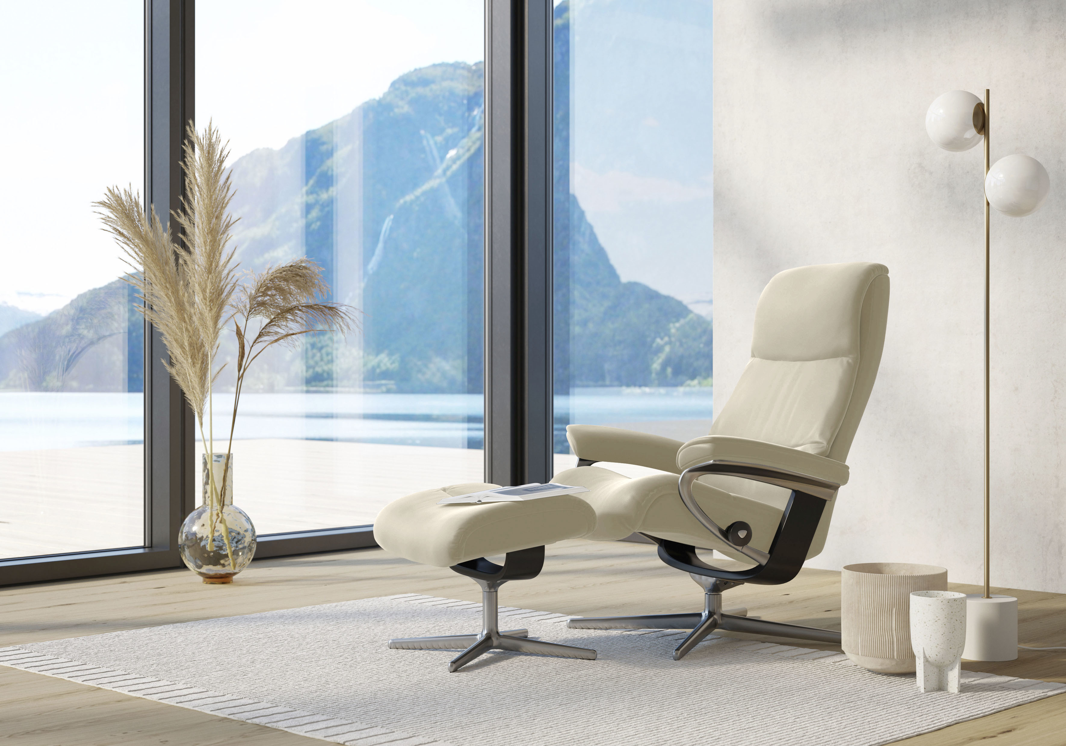 Stressless Relaxsessel "View" Set, Relaxsessel mit Hocker, mit Hocker, mit Cross Base, Größe S, M & L, Holzakzent Schwarz