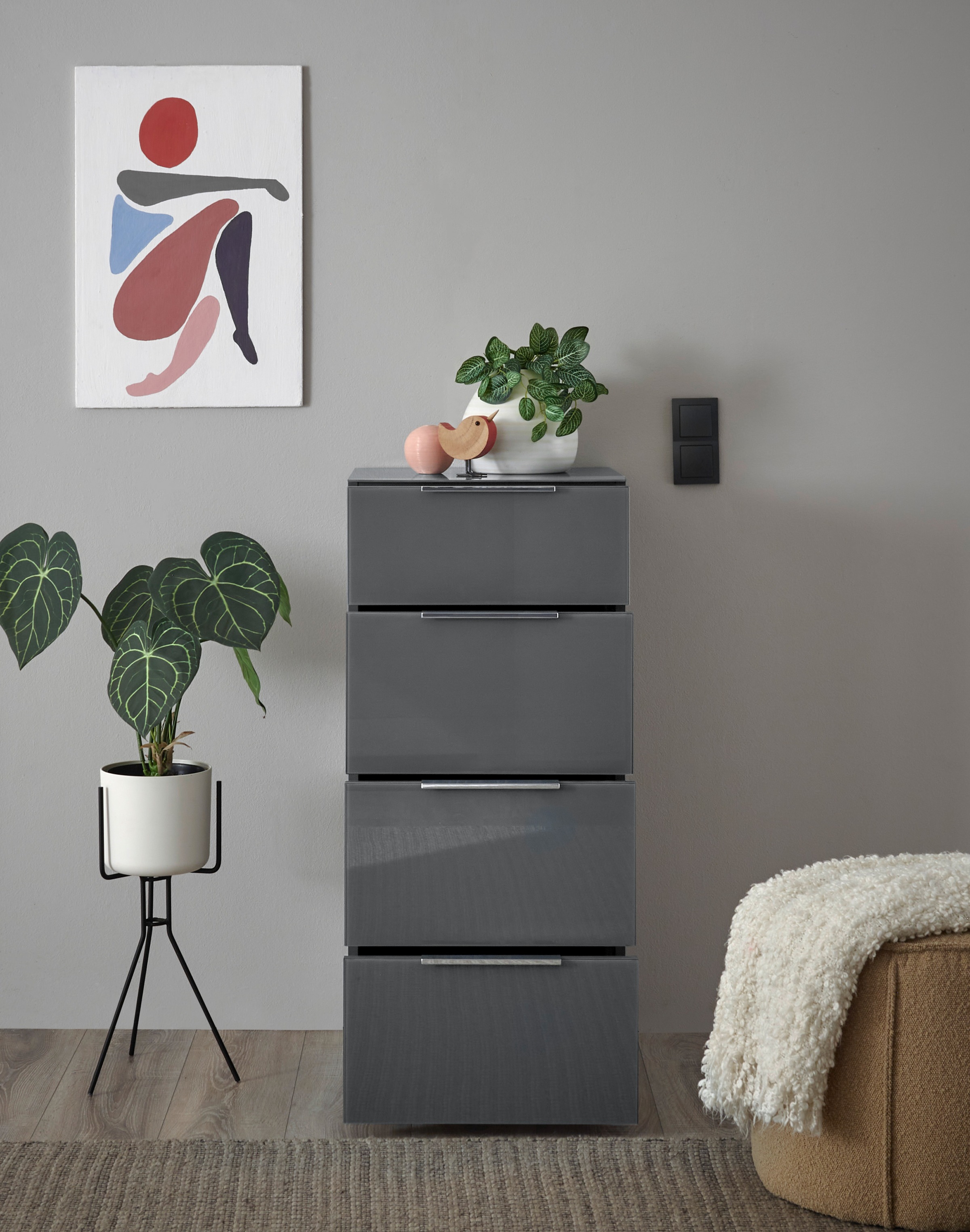 HBZ Kommode »Santorin Mehrzweckschrank mit Schubkästen, BxHxT 45x99x40 cm«, (1 St.), Mit 4 Schubkästen mit Softclose, Glasfront und Glasoberboden