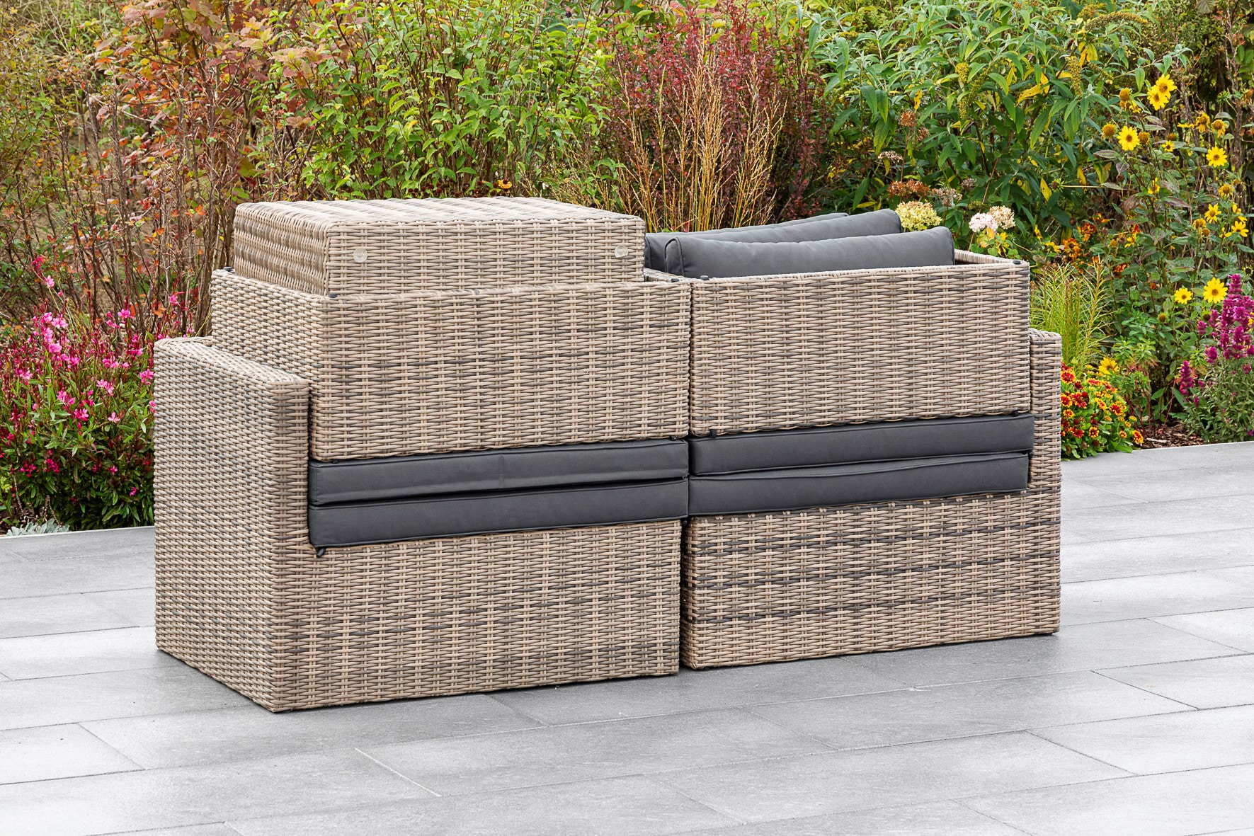 MERXX Garten-Essgruppe »Licosa«, (5 tlg.), 2 Sessel, 2 Hocker, Tisch, mit Auflagen, naturgrau