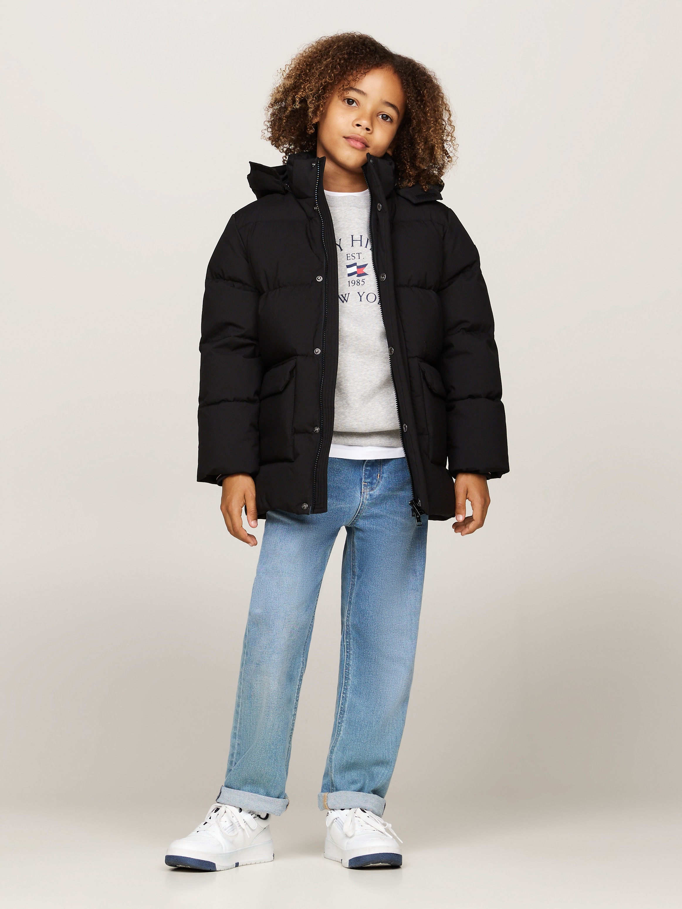 Tommy Hilfiger Steppjacke »MONOTYPE RIBSTOP PUFFER JACKET«, mit Kapuze, mit Kontrast-Streifen, Logoschriftzug