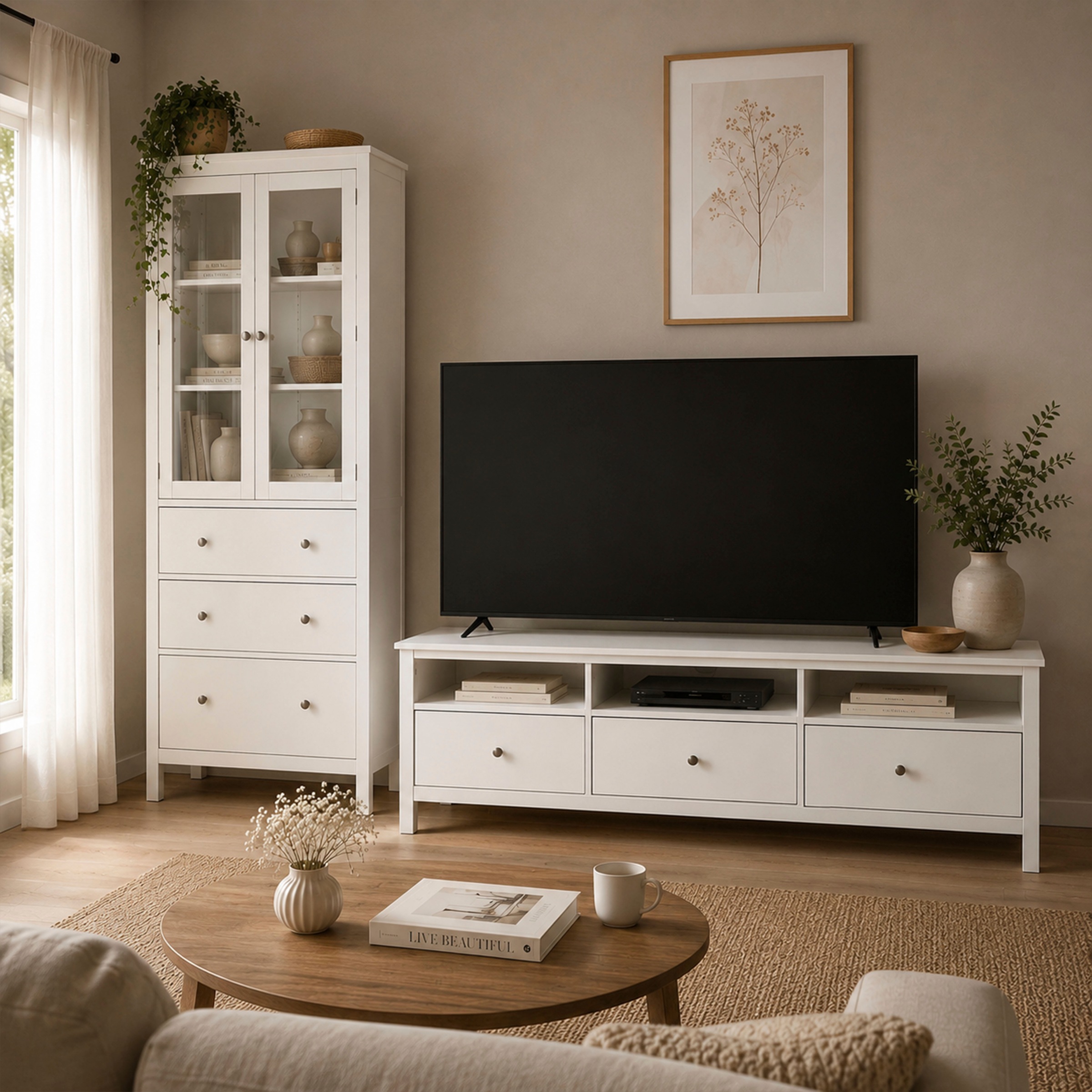 Inter Link TV-Board »Pinora, Kiefer Massivholz, Weiss, 160 x 45 x 57 cm, viel Stauraum« 1 Stk. tlg. TV Lowboard im modernem Skandi Look, 3 Schubladen, Kabeldurchführung