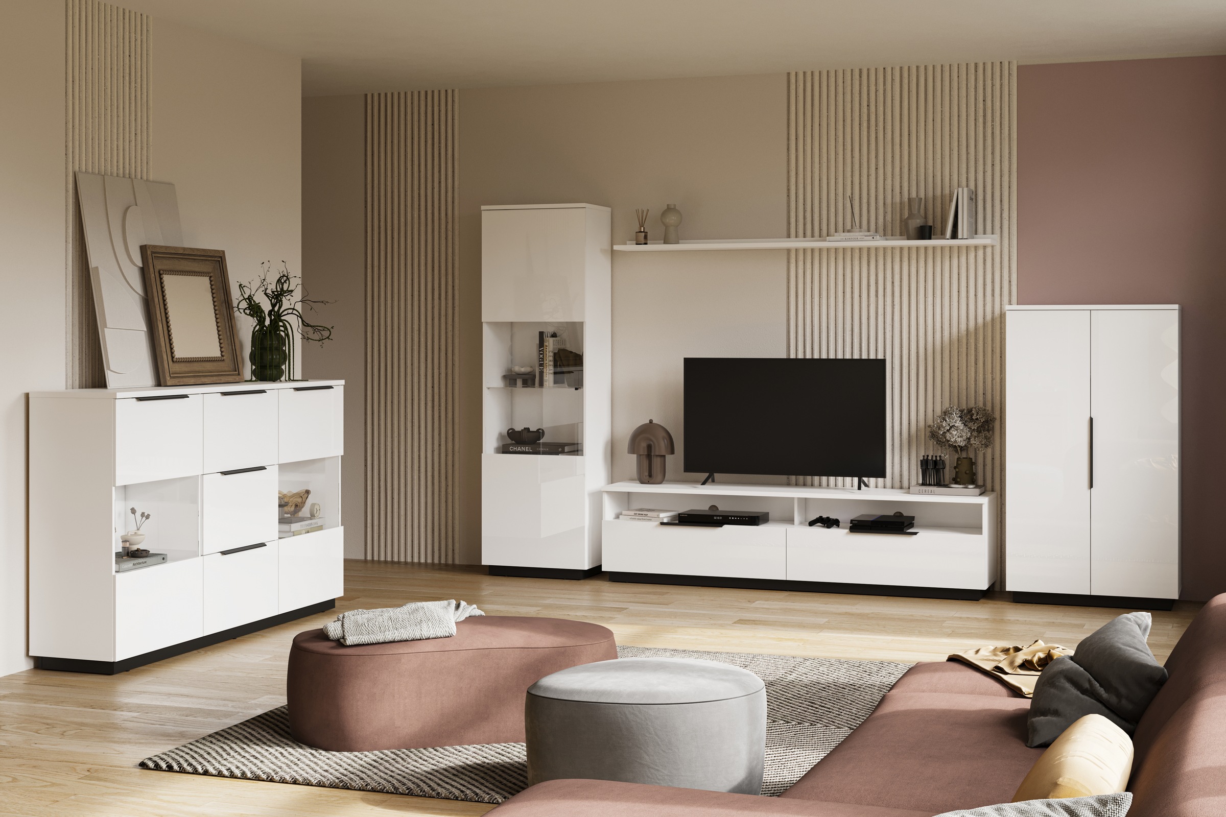 Home affaire Highboard »Tuluza, Breite 180 cm, moderne Hochkommode mit geräumiger Stauraum« Hochkommode mit 3 Schubladen, 6 Fächern, Glastüren, Hochglanzfront