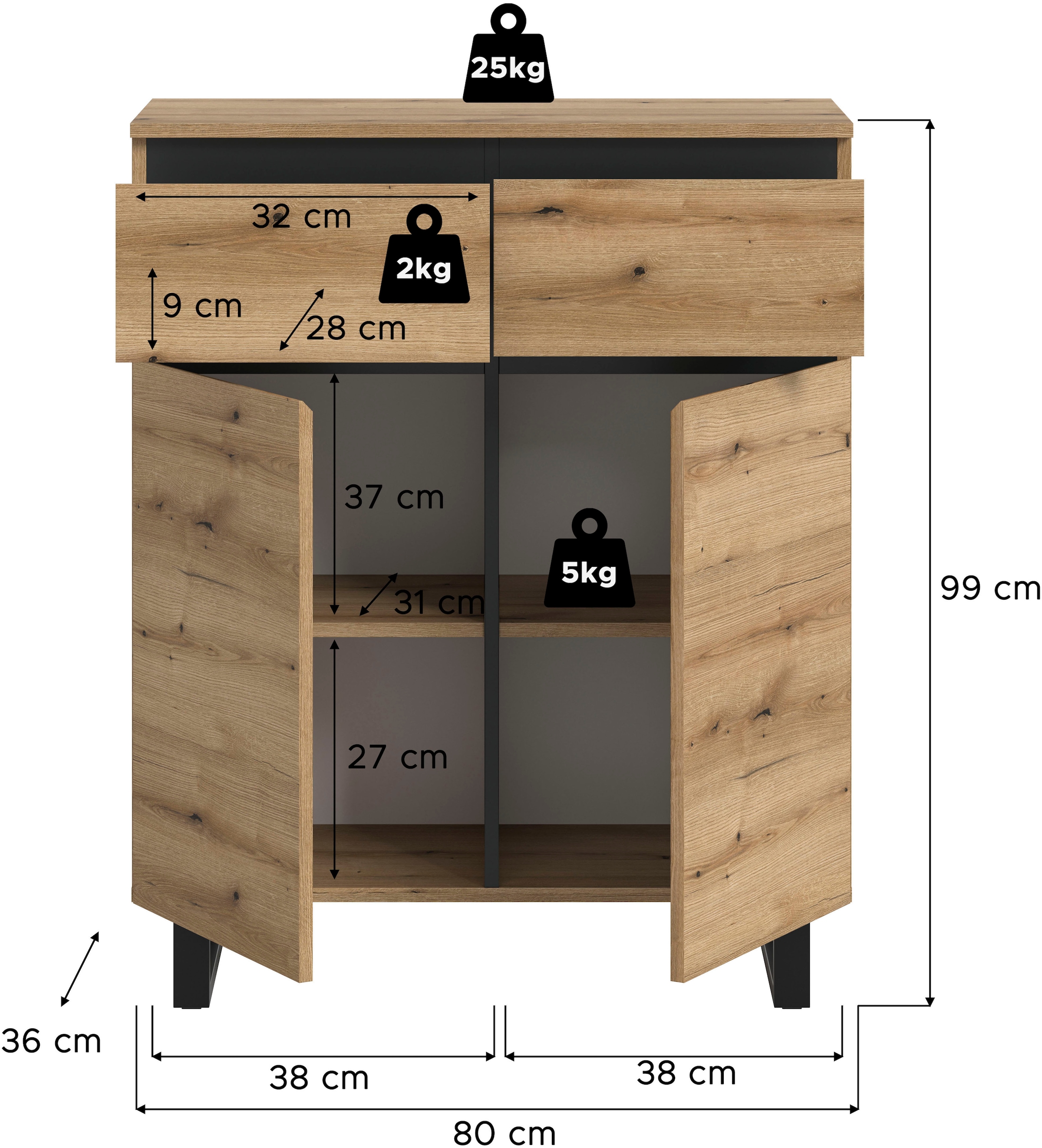 INOSIGN Kommode »TOMA, Höhe: 99cm, mit Metall-Kufen-Fuß, 2 Türen, 2 Schubkästen«, Anrichte, Sideboard, Schrank, Board, Highboard