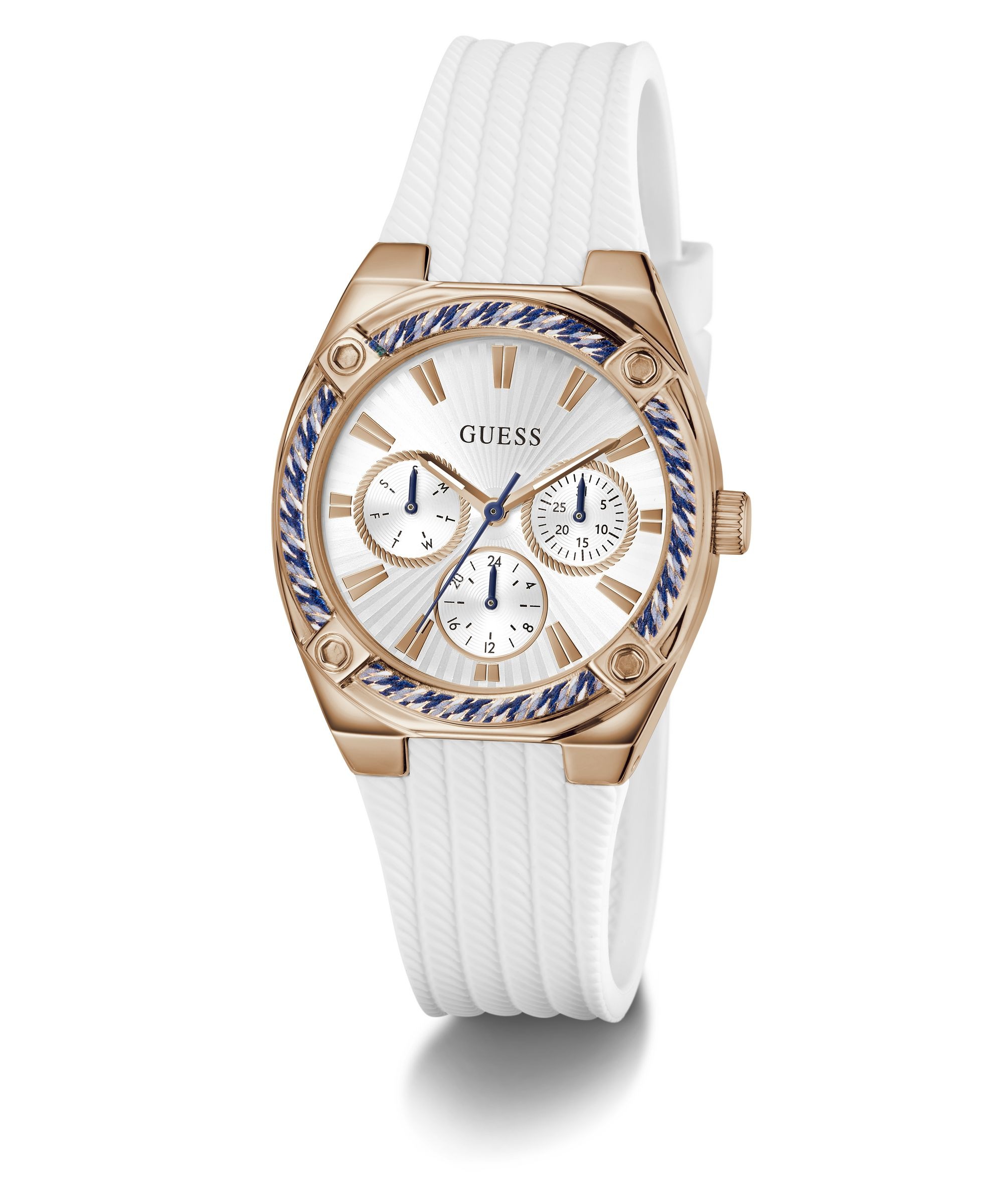 Guess Multifunktionsuhr »SAYLOR« Quarzuhr, Armbanduhr, Damenuhr, Silikonarmband, analog, Wochentag, Tag