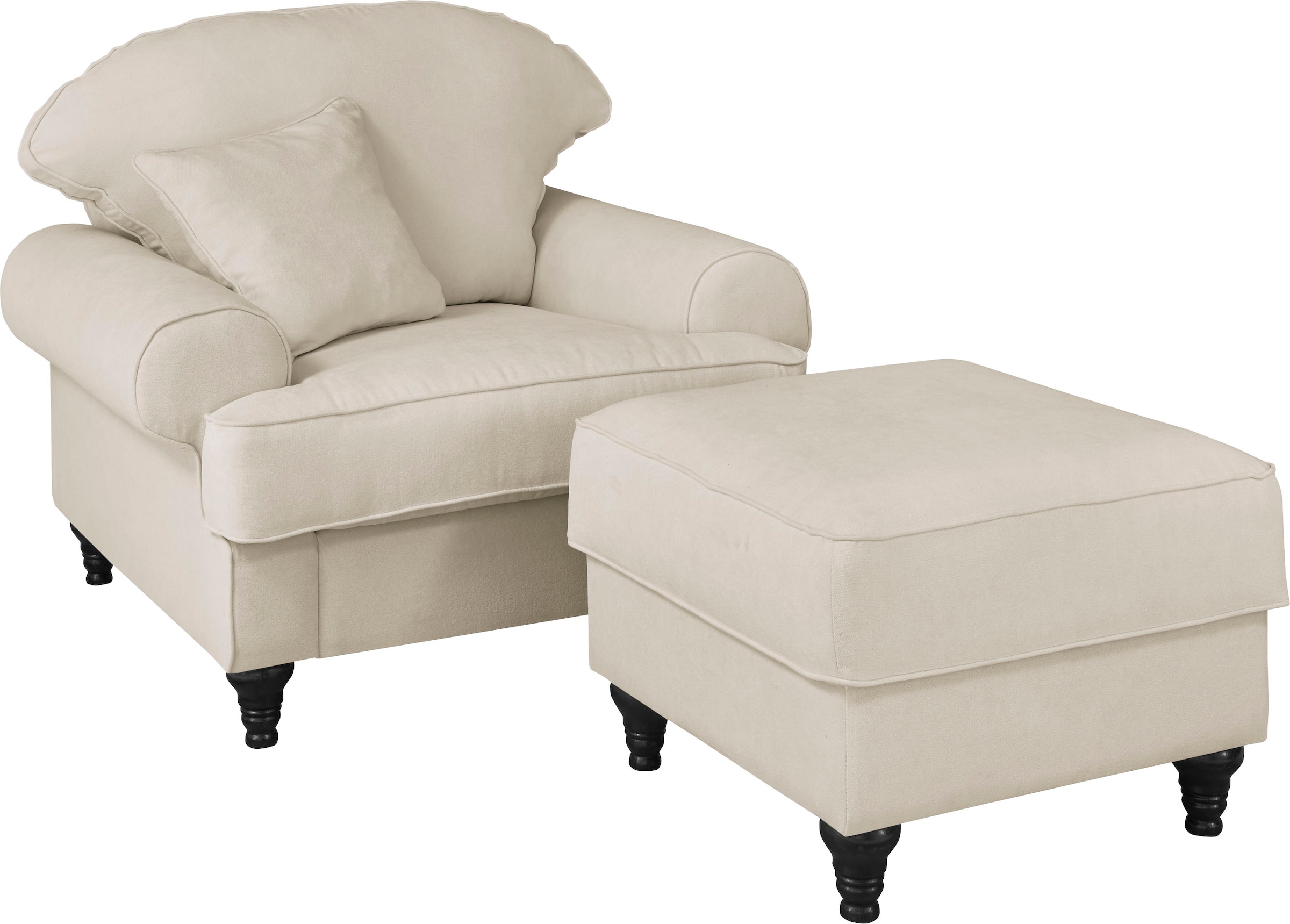 OTTO home Sessel »Westminster, Set in hochwertigem Microfaserbezug, 5 Farben verfügbar« Set, 1Sessel, 1 Hocker, 2 Stk. tlg. Enthält Sessel & Hocker, Federkern-Polsterung, gedrechselter Fuß