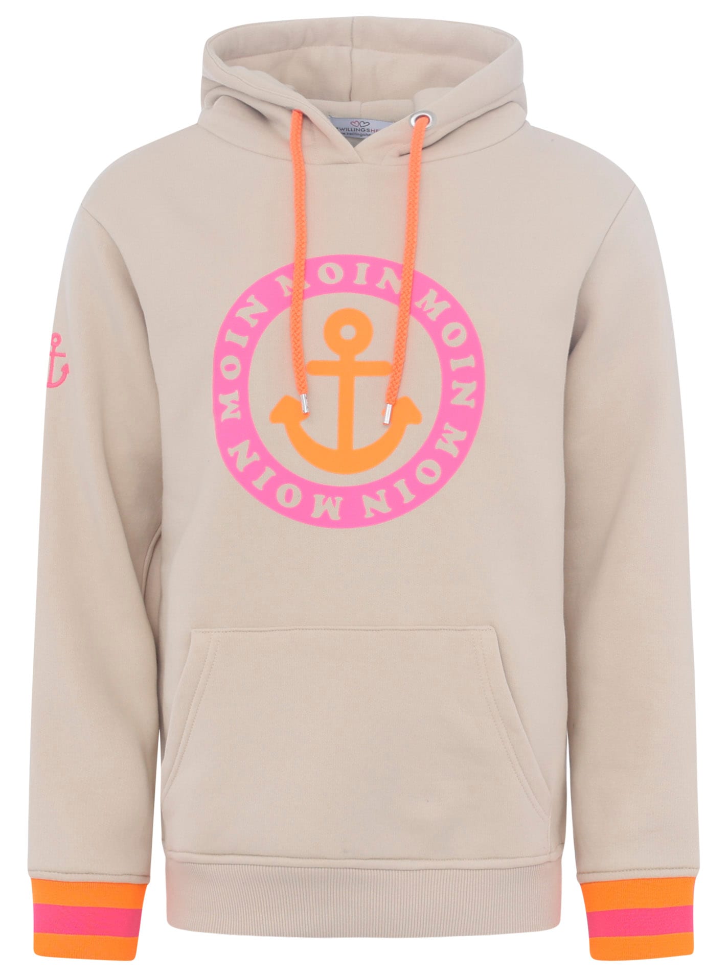 Zwillingsherz Hoodie, mit Aufschrift Moin und Anker in Neonfarben