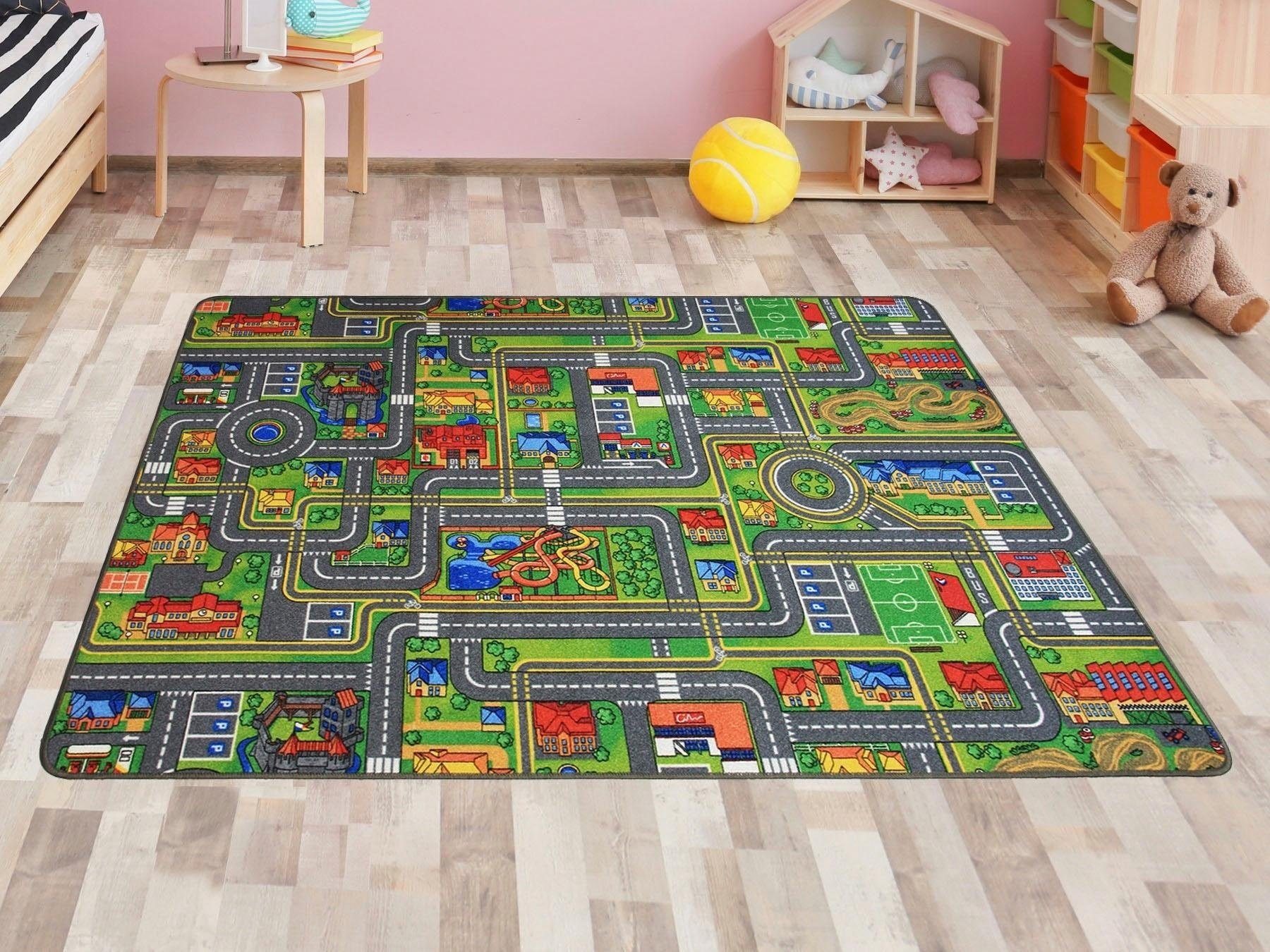 Primaflor-Ideen in Textil Kinderteppich »STREETS, Made in Belgium«, rechteckig, 5 mm Höhe, Straßen-Spiel-Teppich, Straßenbreite ca. 9 cm, Kinderzimmer