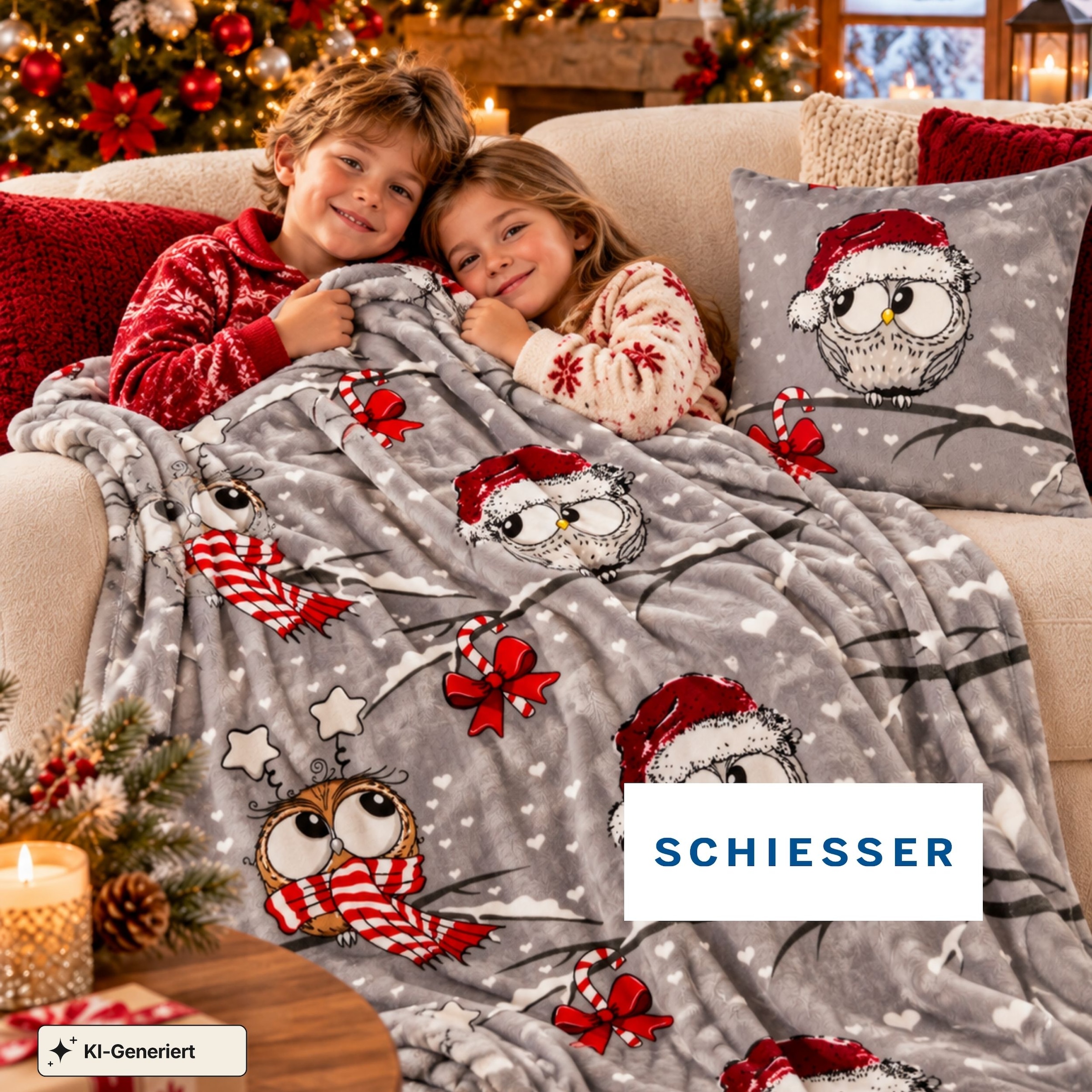 Schiesser Wohndecke »Wohndecke Thea, weiche Kuscheldecke mit weihnachtlichem Eulenmotiv« OEKO-TEX STANDARD 100