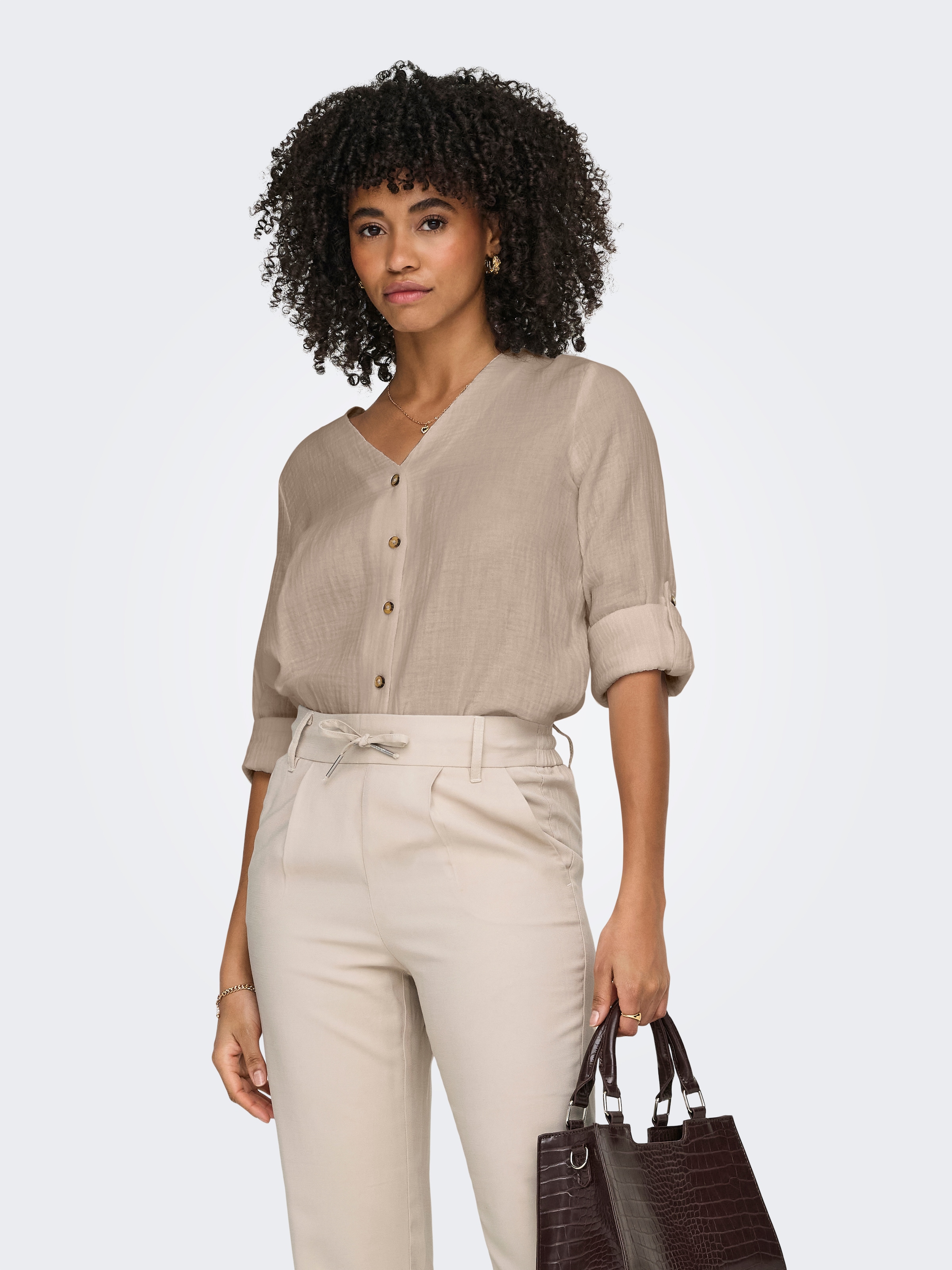 Only Langarmbluse "Onlthyra Life V-Neck L/S Shirt Noos Wvn" Baumwolle, Regular Fit