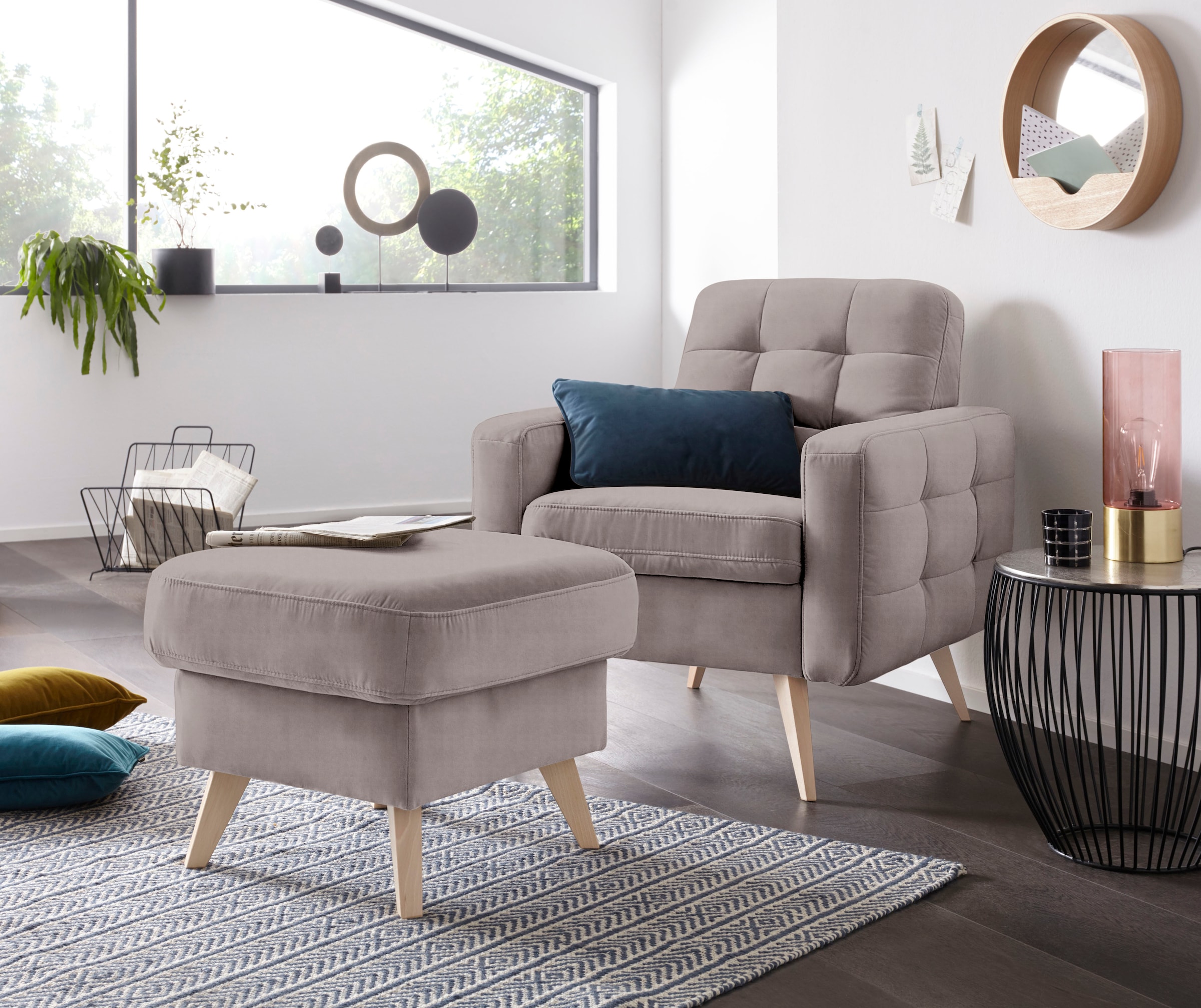 exxpo - sofa fashion Sessel »Nappa, Loungesessel, aktuelle Rückensteppung, bequem und modern«, hoher Holzfuß