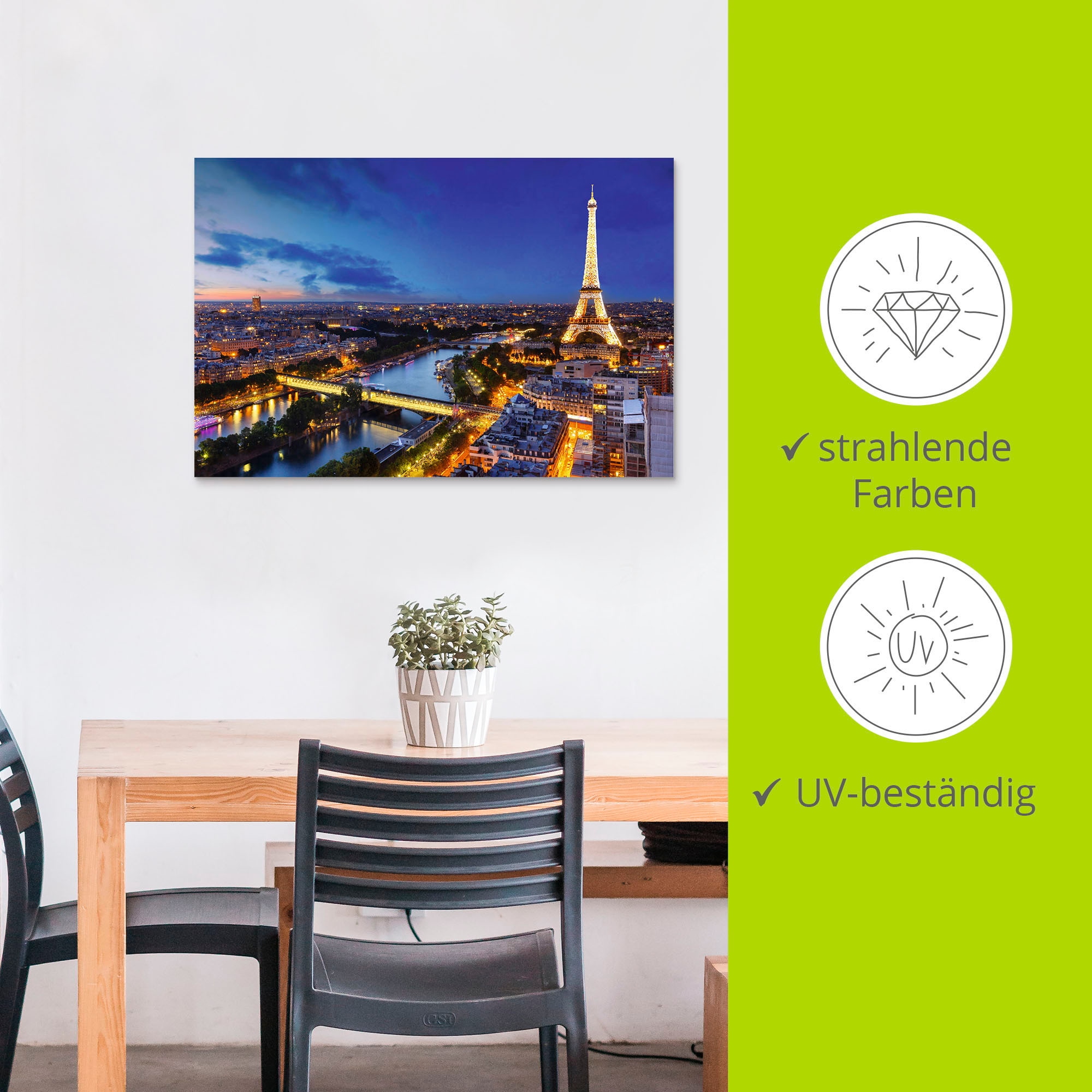 Artland Wandbild »Eiffelturm und Seine am Abend, Paris«, Paris, (1 St.), als Alubild, Outdoorbild, Leinwandbild, Poster, Wandaufkleber