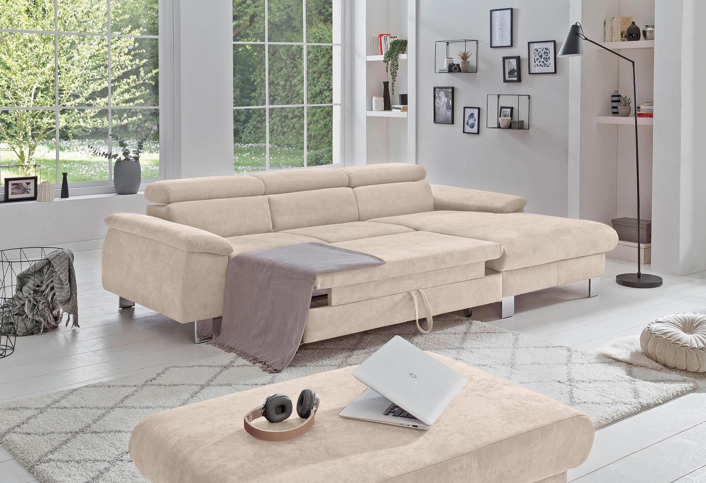 COTTA Ecksofa Komaris, Ecksofa, wahlweise mit RGB-LED-Beleuchtung und Bettfunktion/Bettkasten