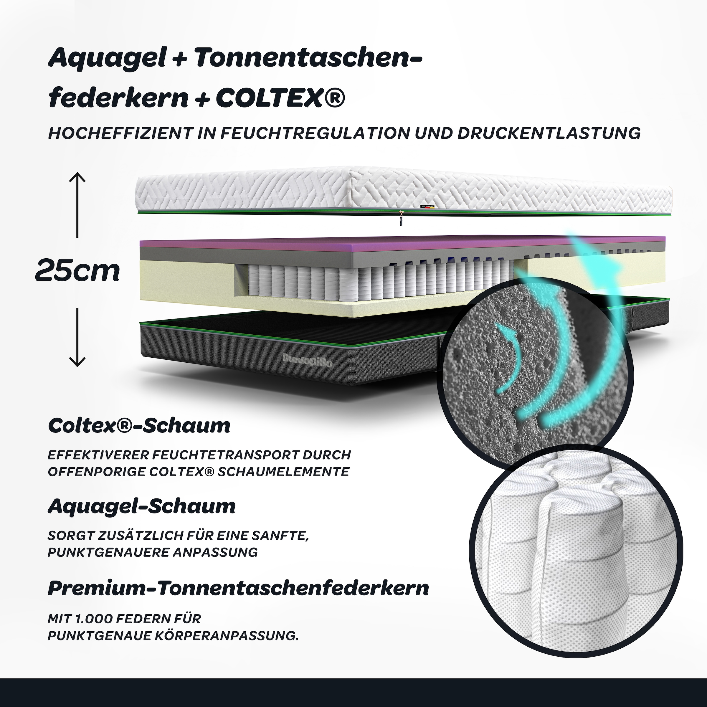 Dunlopillo Taschenfederkernmatratze »Dunlopillo Supreme T, Matratze 90x200, 140x200 cm, Made in Germany« 25 cm hoch 1.000 Federn 1 Stk. tlg. Temperaturunabhängige Aquagelplatte, 1000 Federn (bei 100x200 cm)