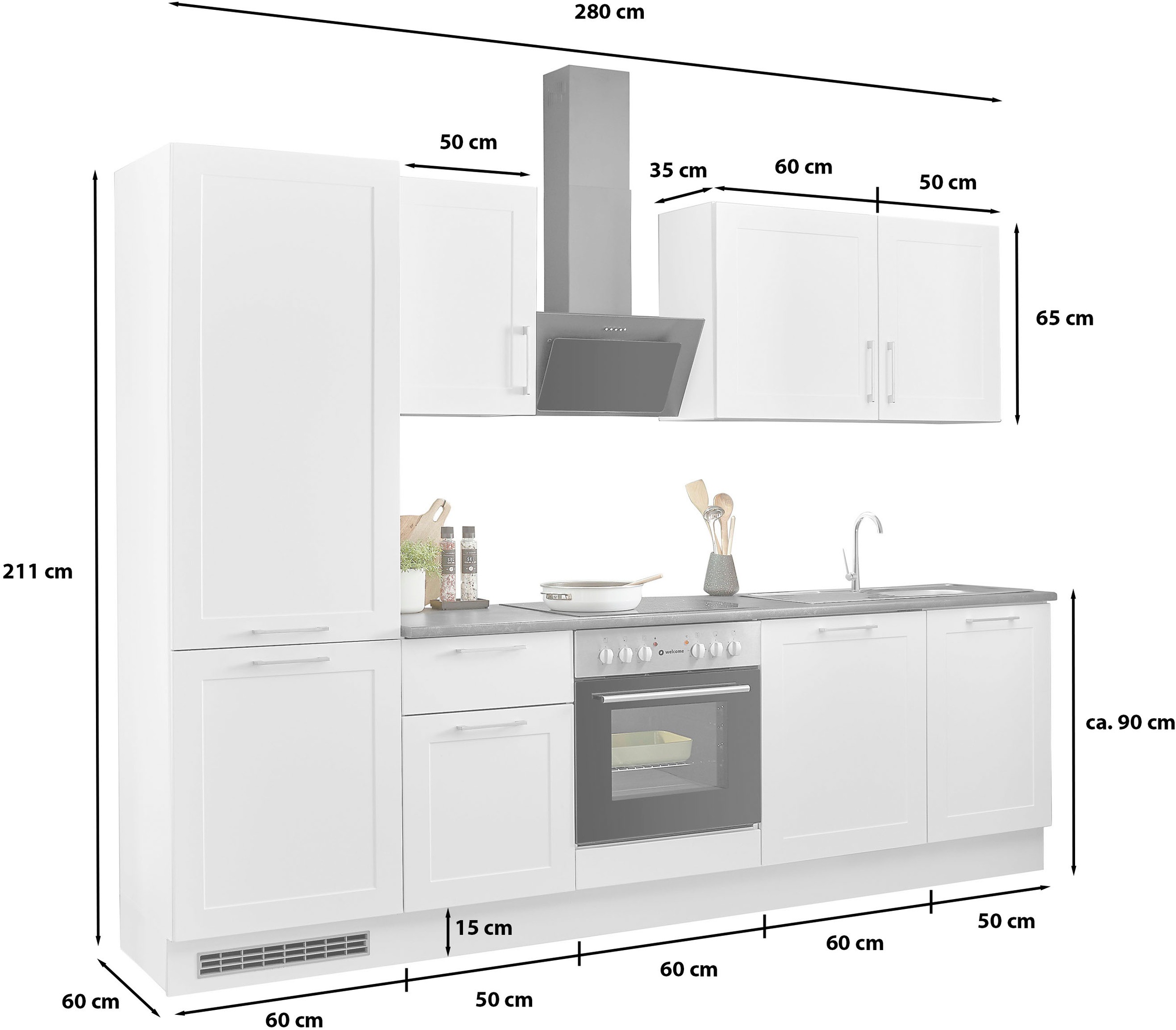 BASIC by Balculina Küchenzeile »Marsi«, Breite 280 cm, wahlweise mit E-Geräten, mit Soft-Close-Funktion