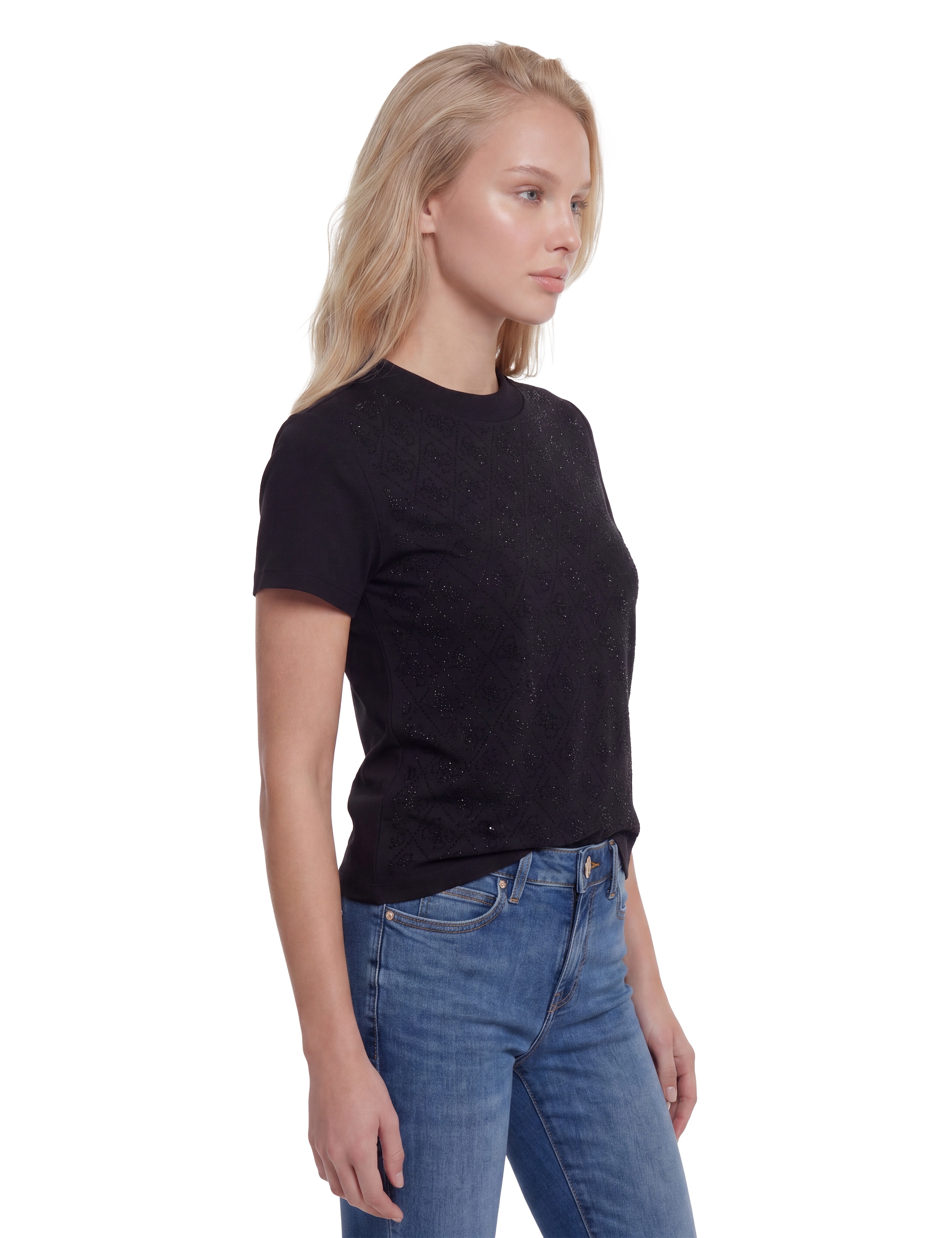 Guess T-Shirt »SS MOCK NECK ALL OVER 4G TEE« mit Strassbesatz, Slim Fit