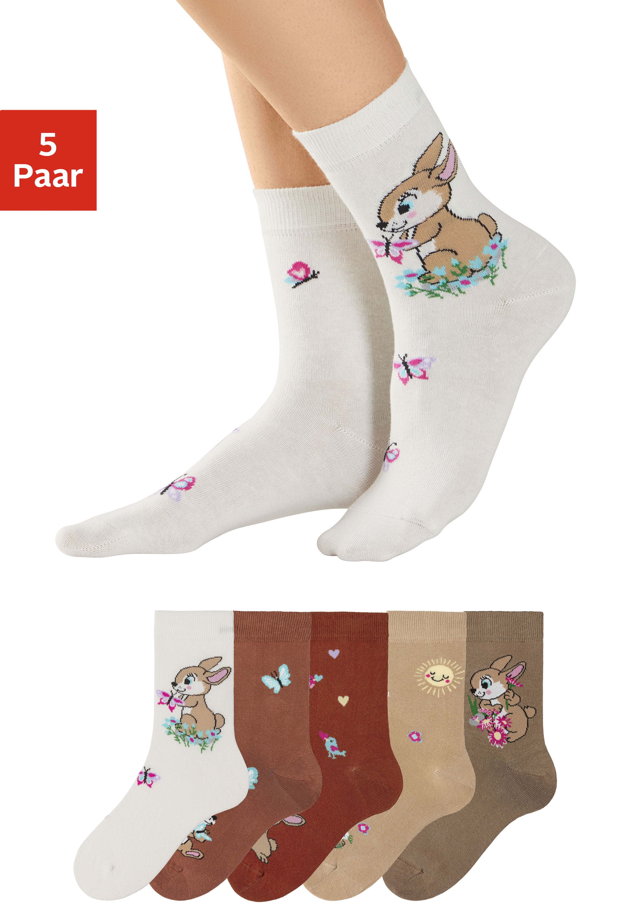 H.I.S Basicsocken "Kinder Damen Socken Motivsocken" Packung, 5 Paar tlg. mit Hasen Motiven