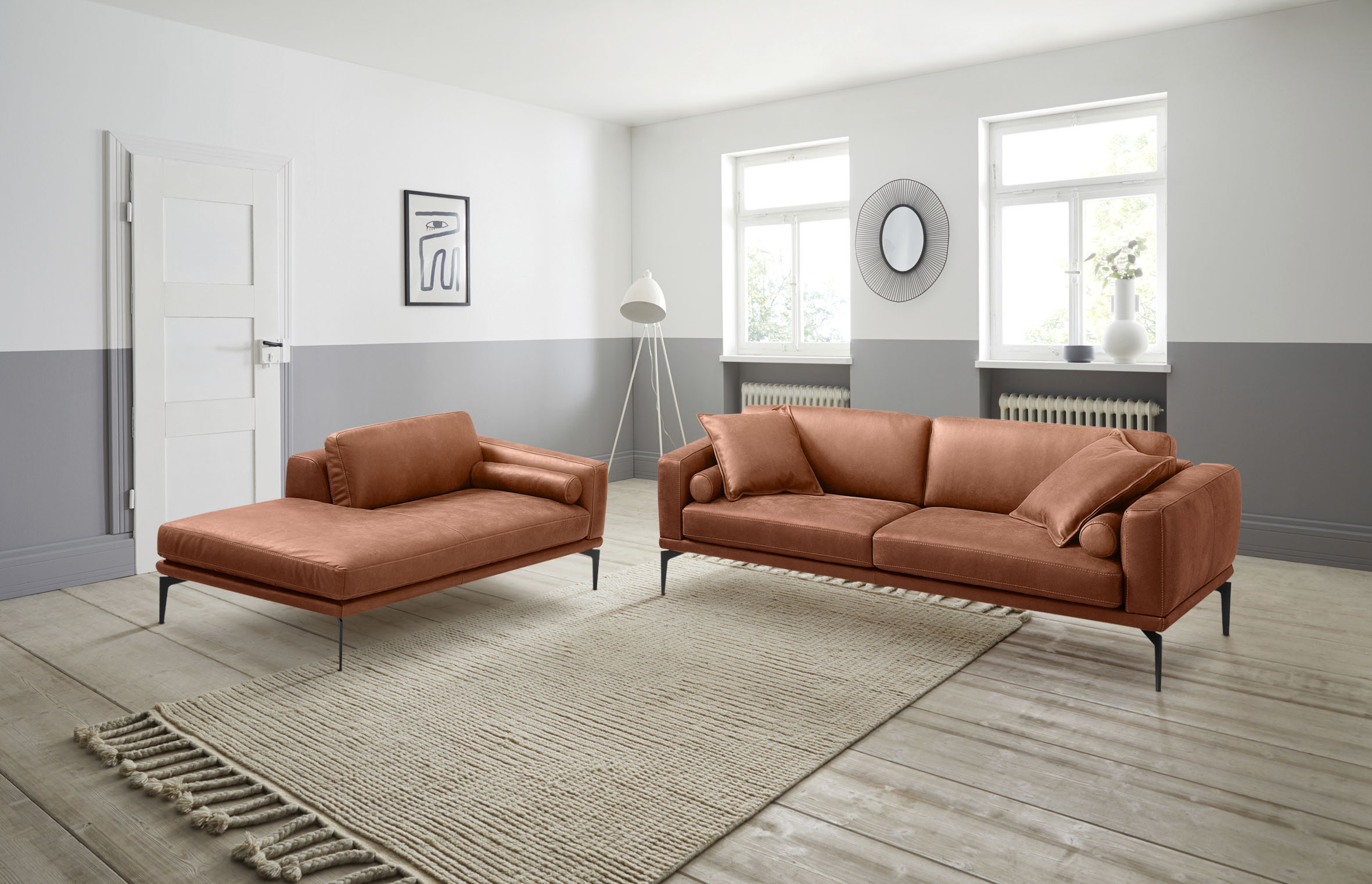 Egoitaliano Polstergarnitur "Masu, Design trifft sensationellen Sitzkomfort" Set besteht aus 2,5-Sitzer, freistehende Ottomane und 3 Rollkissen