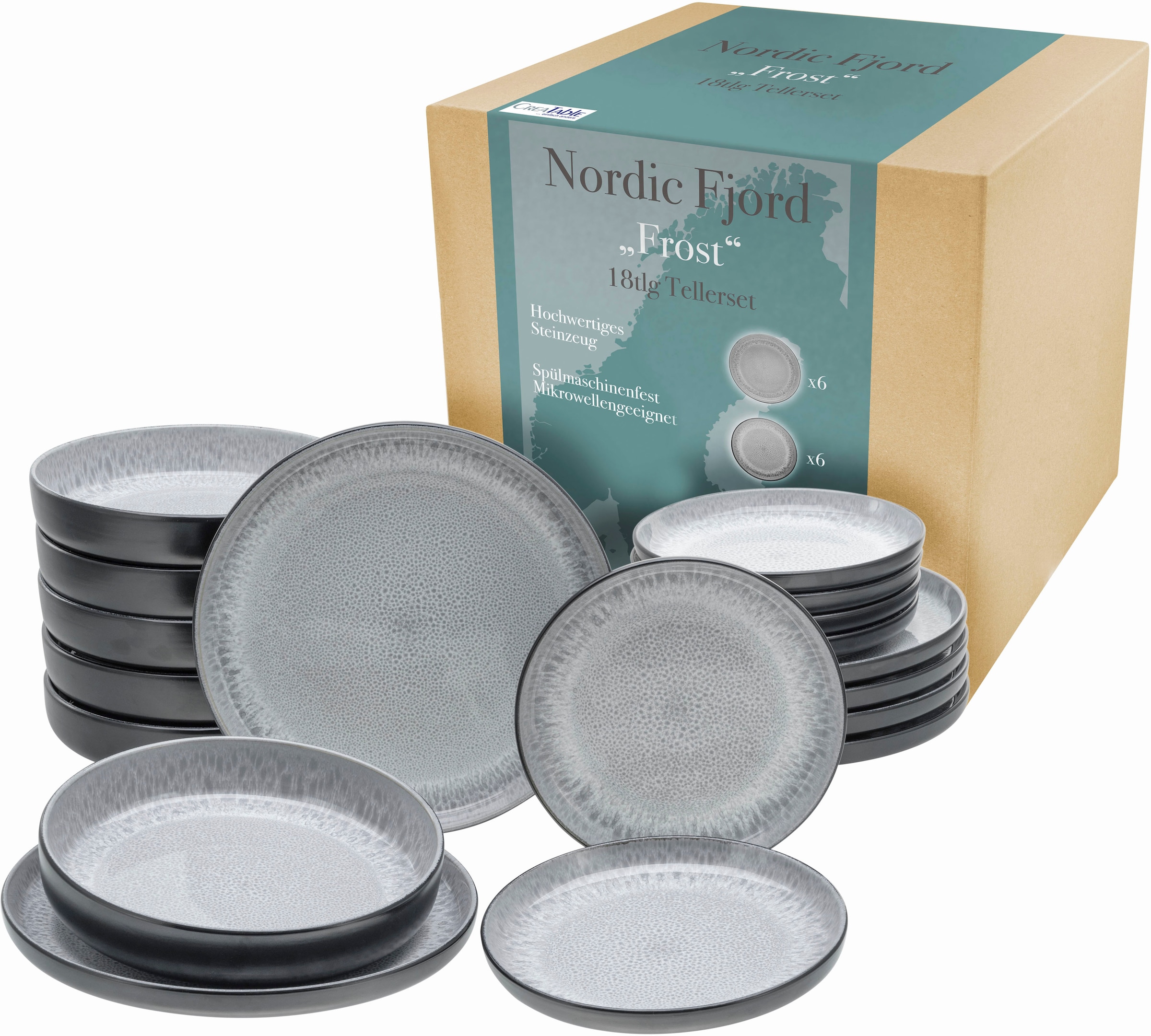 CreaTable Teller-Set "Nordic Fjord", (Set, 18 tlg.), je 6 Speiseteller 26 cm, Suppenteller 22,5 cm, Dessertteller 19,5 c