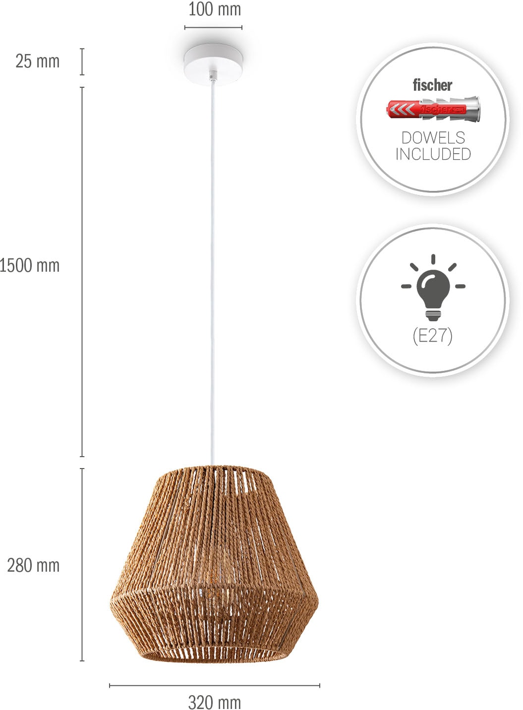 Paco Home Pendelleuchte »Hugo Diego«, Leuchtmittel E27 | ohne Leuchtmittel, Wohnzimmer Esszimmer Rattan Optik Boho Lampenschirm Papier