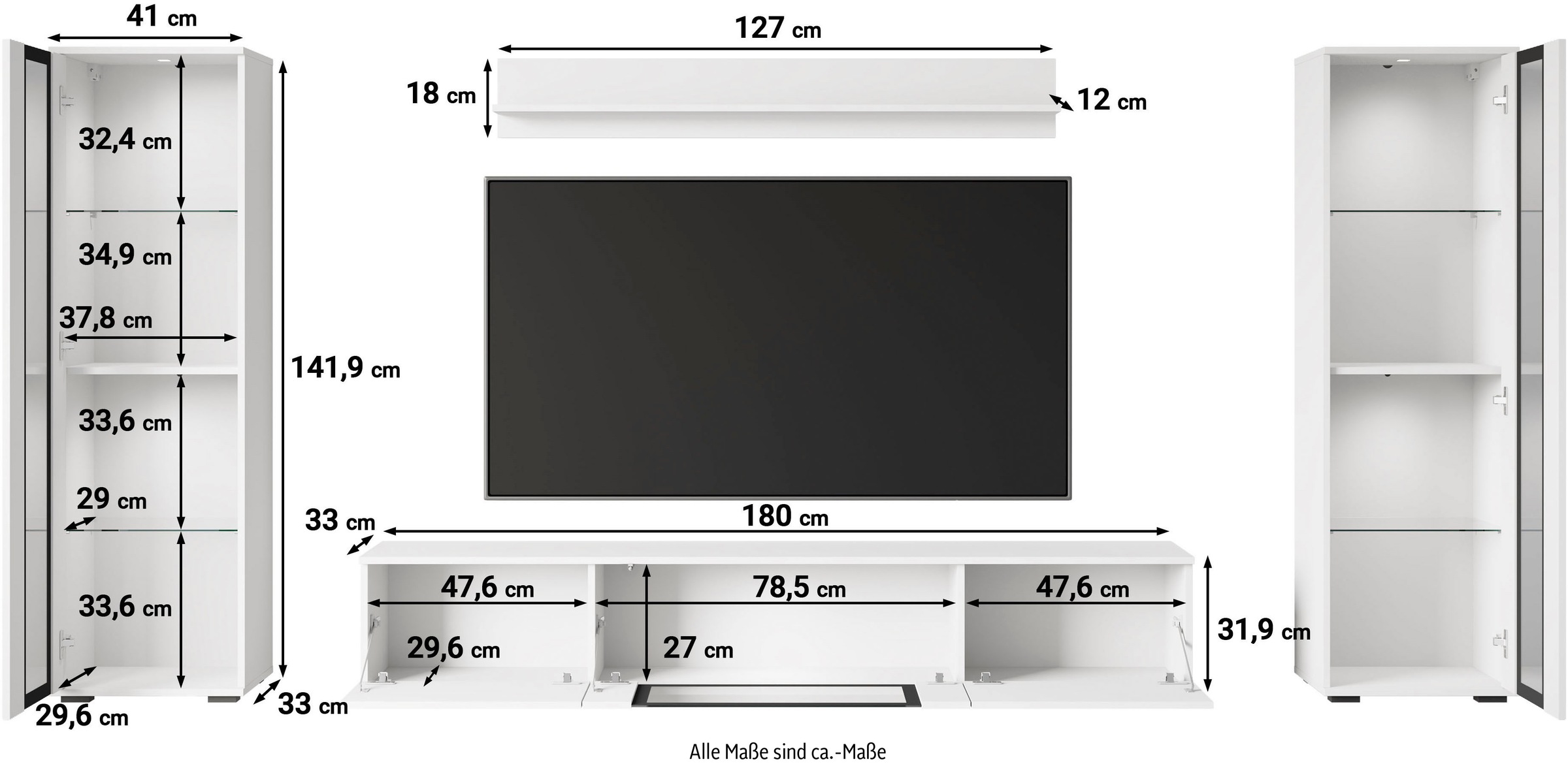 INOSIGN Wohnwand »Caro, stehend und hängend montierbar«, (Komplett-Set, 4 St., Vitrine Türanschlag links/rechts wechselbar), grifflose Design, höhenverstellbare Einlegeböden