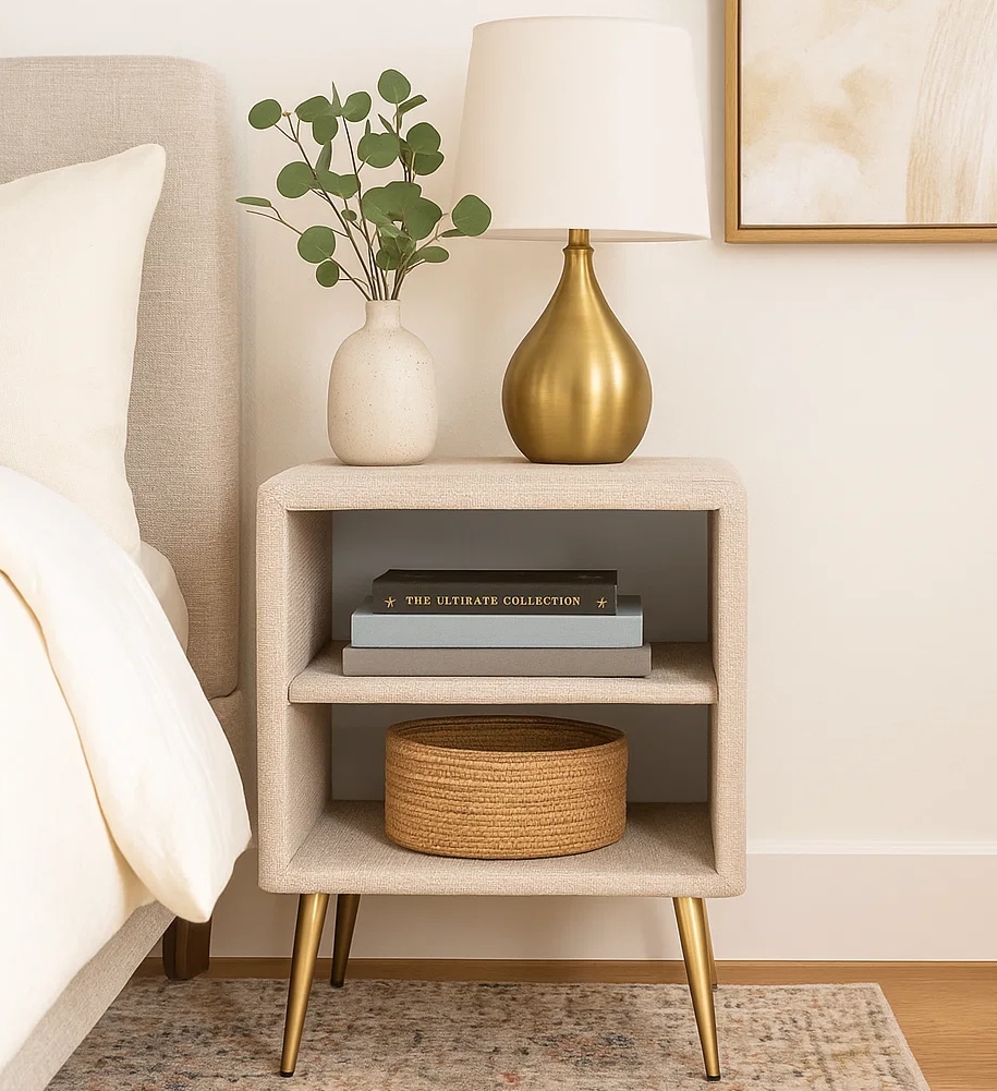 Home affaire Nachtschrank »MOIVRE Polster-Nachtkommode wahlweise mit 2 Schubladen oder Fächer« Nako auf goldenen Beinen, Maße B/T/H: 41/40,5/53,5cm, passend zum Bett